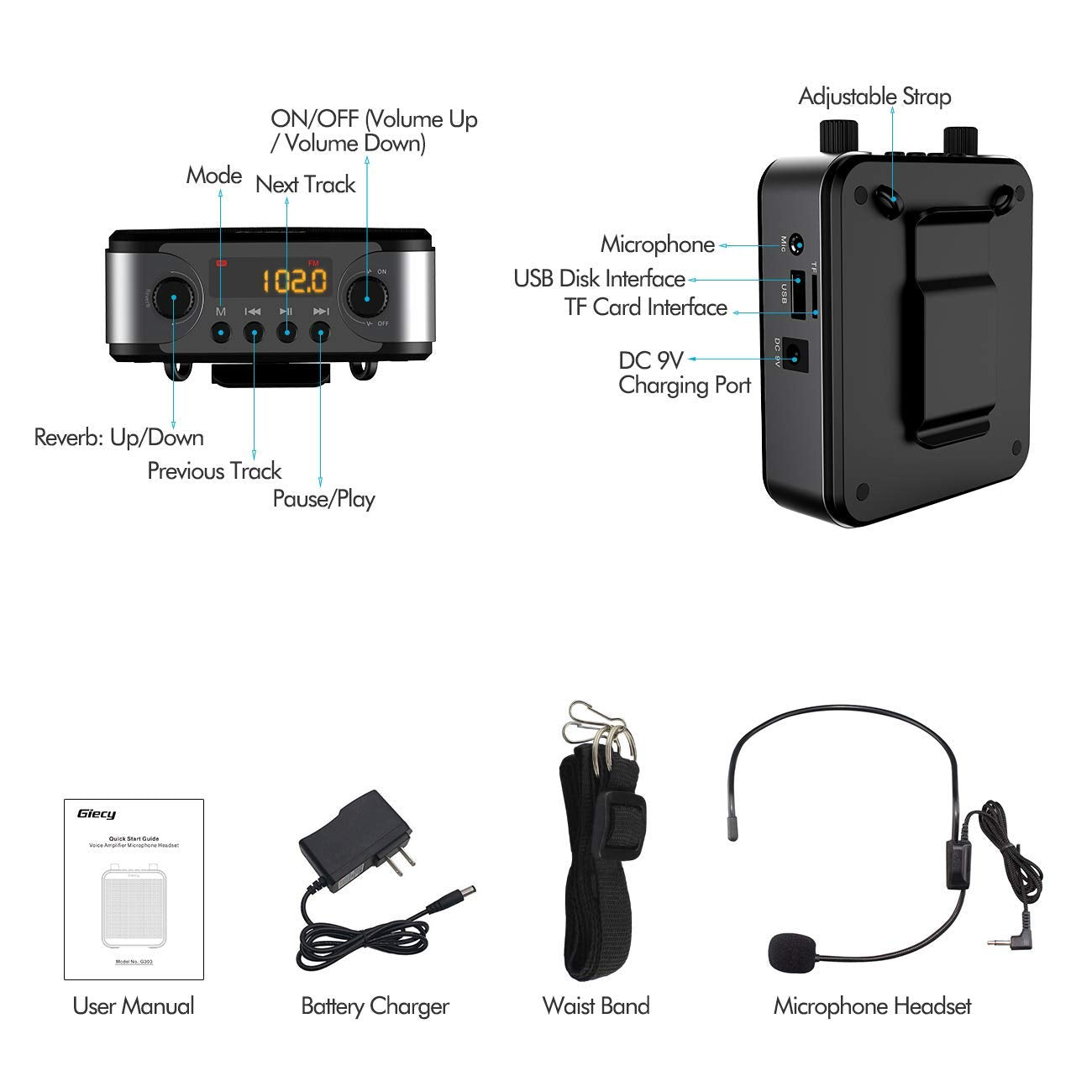 Giecy - Amplificador de Voz Personal, Amplificador de Voz portátil, 30 W, 2800 mAh, Sistema PA Recargable para múltiples ubicaciones, Aula, reuniones y Exteriores