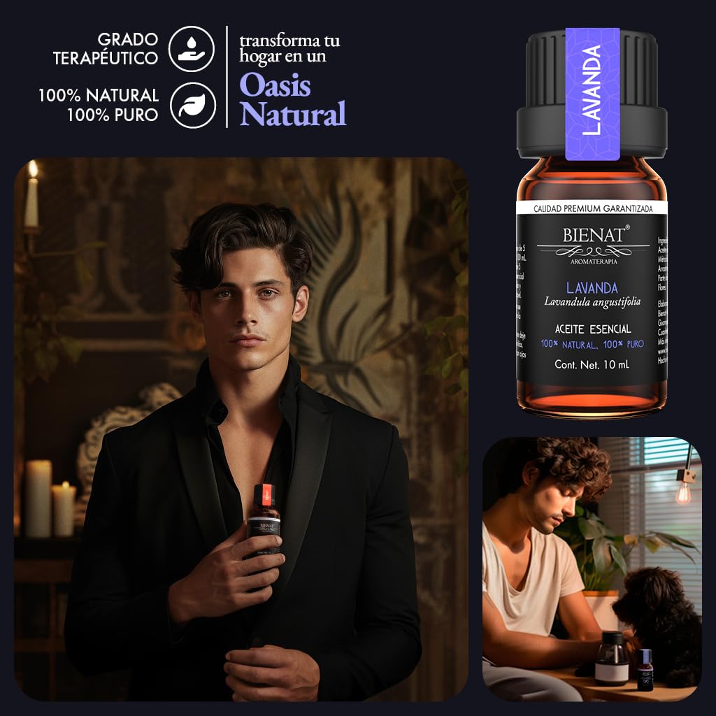 BIENAT AROMATERAPIA Aceite Esencial de Lavanda 10mL | 100% Puro y Concentrado | Ideal para Difusor de Aromas, Humidificador, Aromaterapia, Masajes, Meditación, Jabones y Velas | Esencia Natural en Gotas