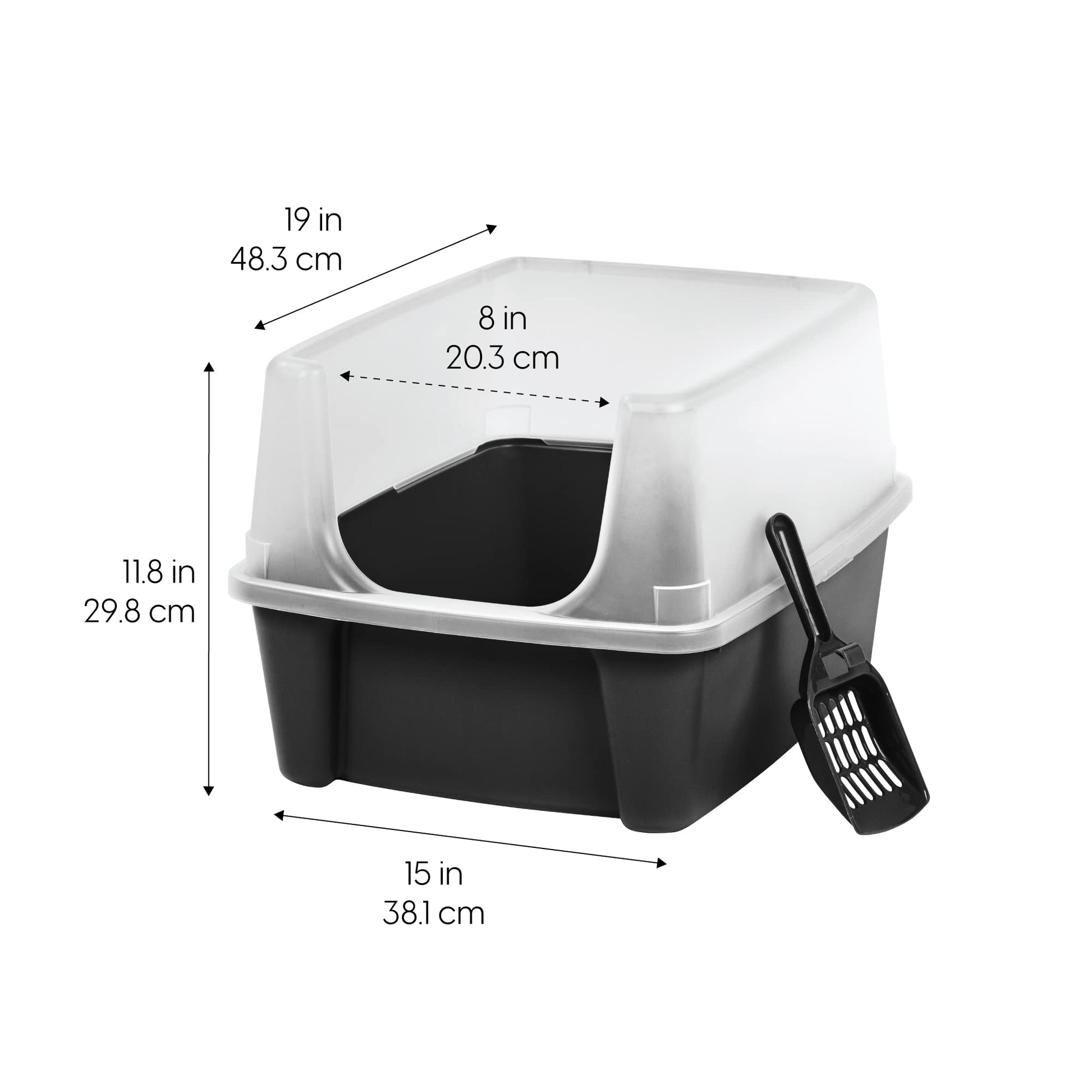 IRIS USA Caja de Arena para Gatos Grande con Escudo Anti-Salpicaduras y Paleta, Pan de Arena para Gatos de Bordes Altos y Abierto en la Parte Superior, Negro