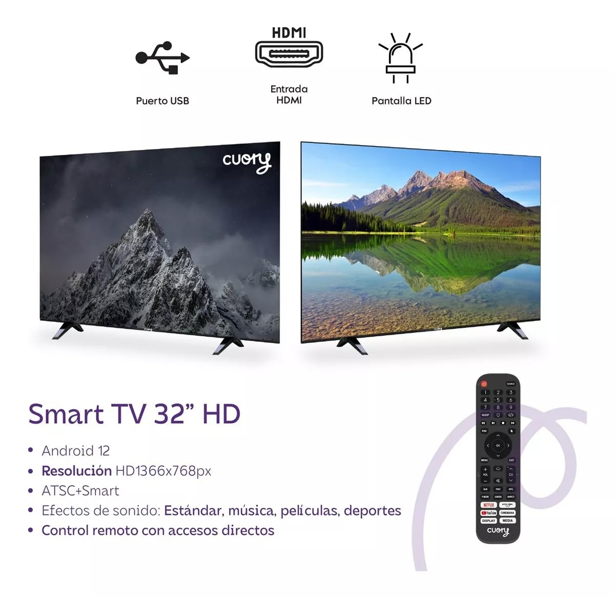 CUORY Smart TV 32" Full HD DLED Android 12 Television 1366x768 HDMI USB Bluetooth Dolby Atmos Gaming Mode Marco Delgado Negro