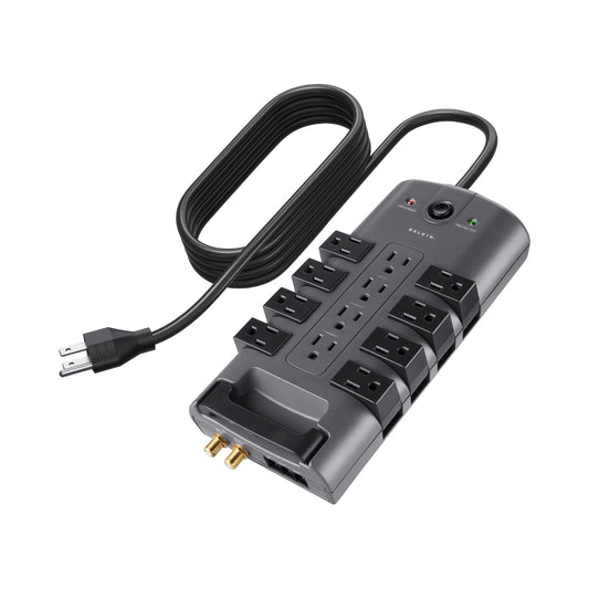 Belkin BP112230-08 Supresor de Picos Enchufe de Pivote, 12 Salidas, 4320J, 2.4 metros, Gris