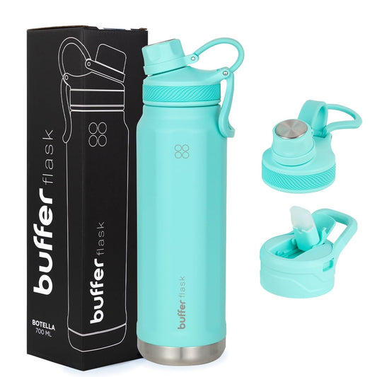 BUFFER FLASK - Termo de Acero Inoxidable | Botella Aislante para Bebidas, Agua Fría (24 horas) o Caliente (12 horas) | Antigoteo, Hermético| Incluye tapas (TURQUOISE, 700ml/24Oz)