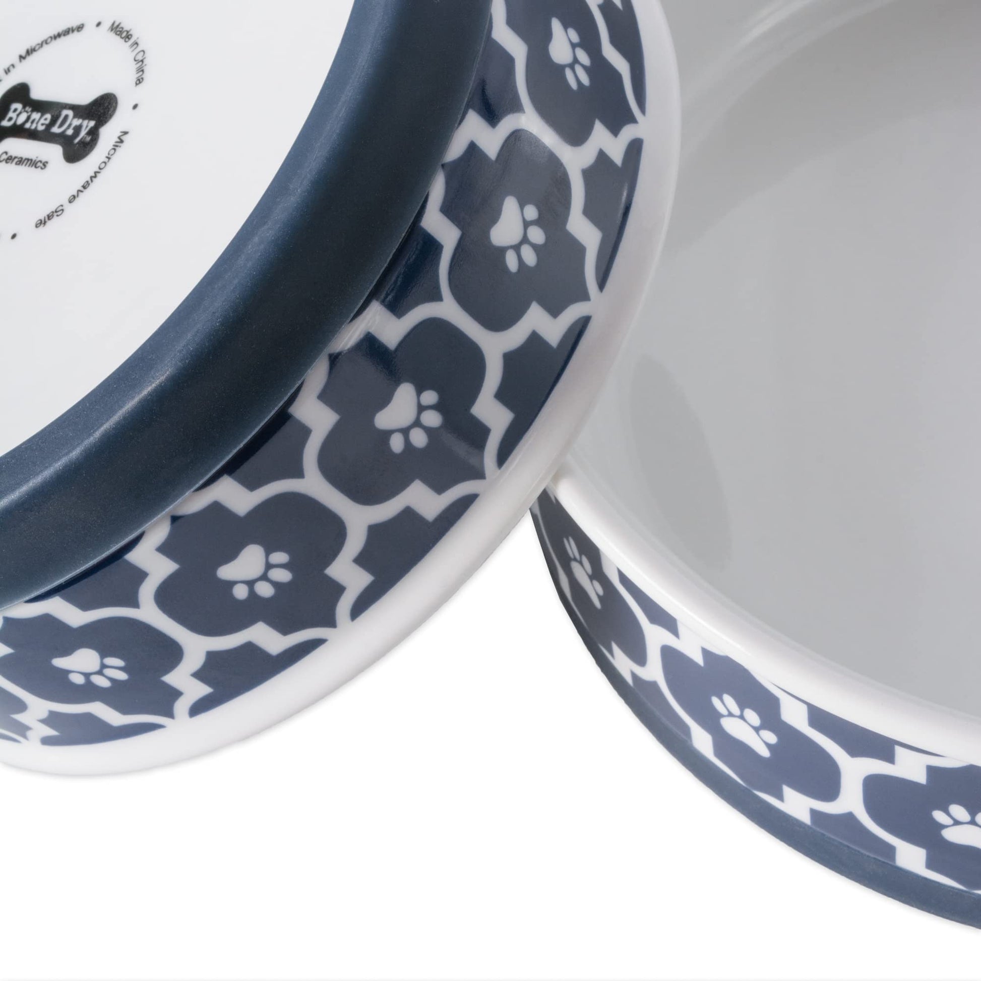 DII Bone Dry Lattice Ceramic Pet Bowl for Food & Water with Non-Skid Silicone Rim for Dogs and Cats (Small - 4.25" Dia x 2"H) Nautical Blue - Set of 2