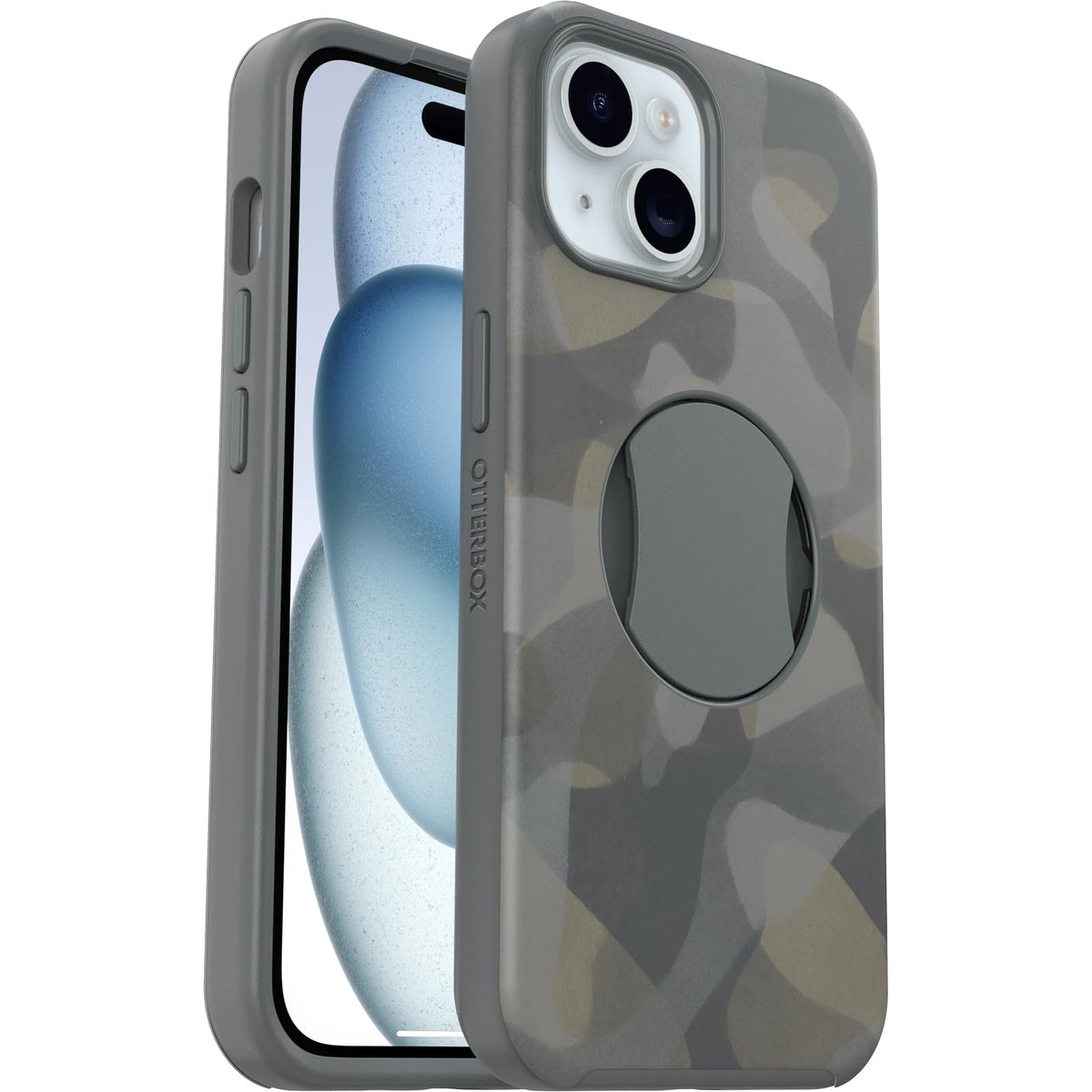 Funda OtterBox iPhone 15, 14 y 13 Gris CAMO OtterGrip Symmetry con Agarre Integrado y Compatibilidad MagSafe para Protección Cámara