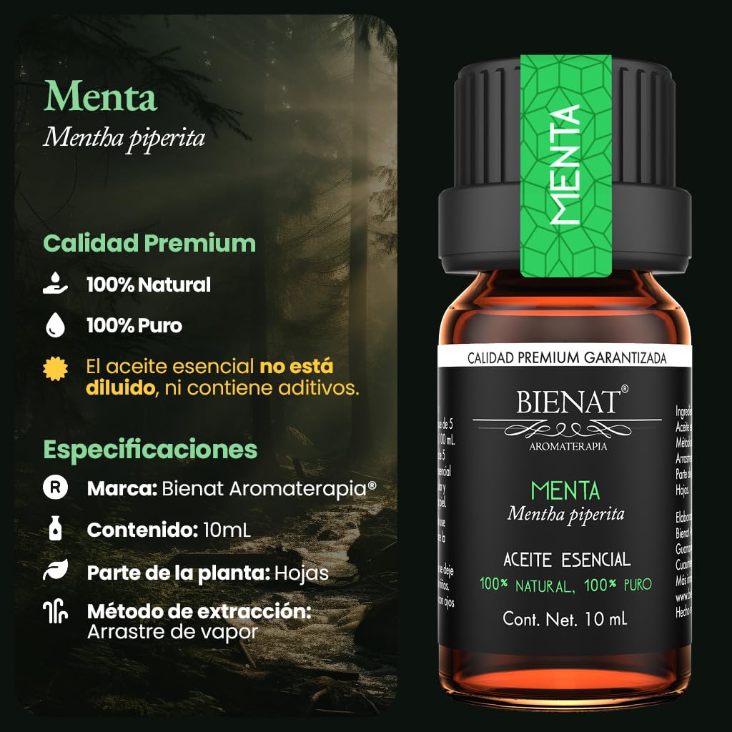BIENAT AROMATERAPIA Aceite Esencial de Menta 10mL | 100% Puro y Concentrado | Ideal para Difusor de Aromas, Humidificador, Aromaterapia, Masajes, Meditación, Jabones y Velas | Esencia Natural en Gotas