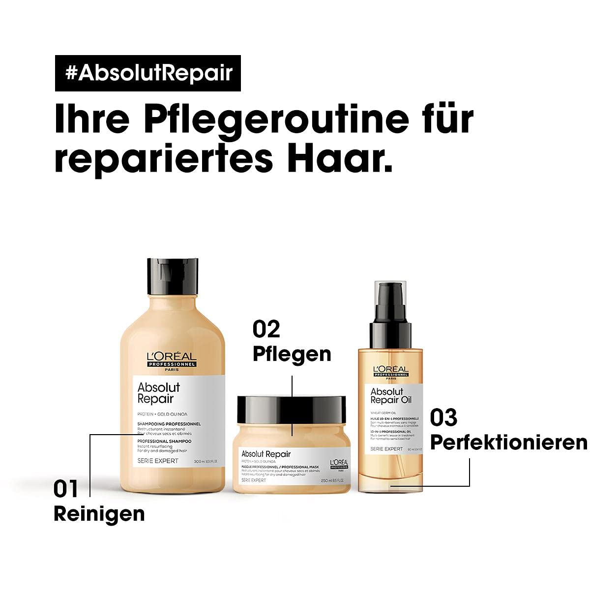 L'Oreal Professionnel Absolut Repair Shampoo | Repara el daño y proporciona brillo | Con quinoa y proteínas | Tratamiento con tecnología de proteínas | Para cabello seco y dañado | 500ml
