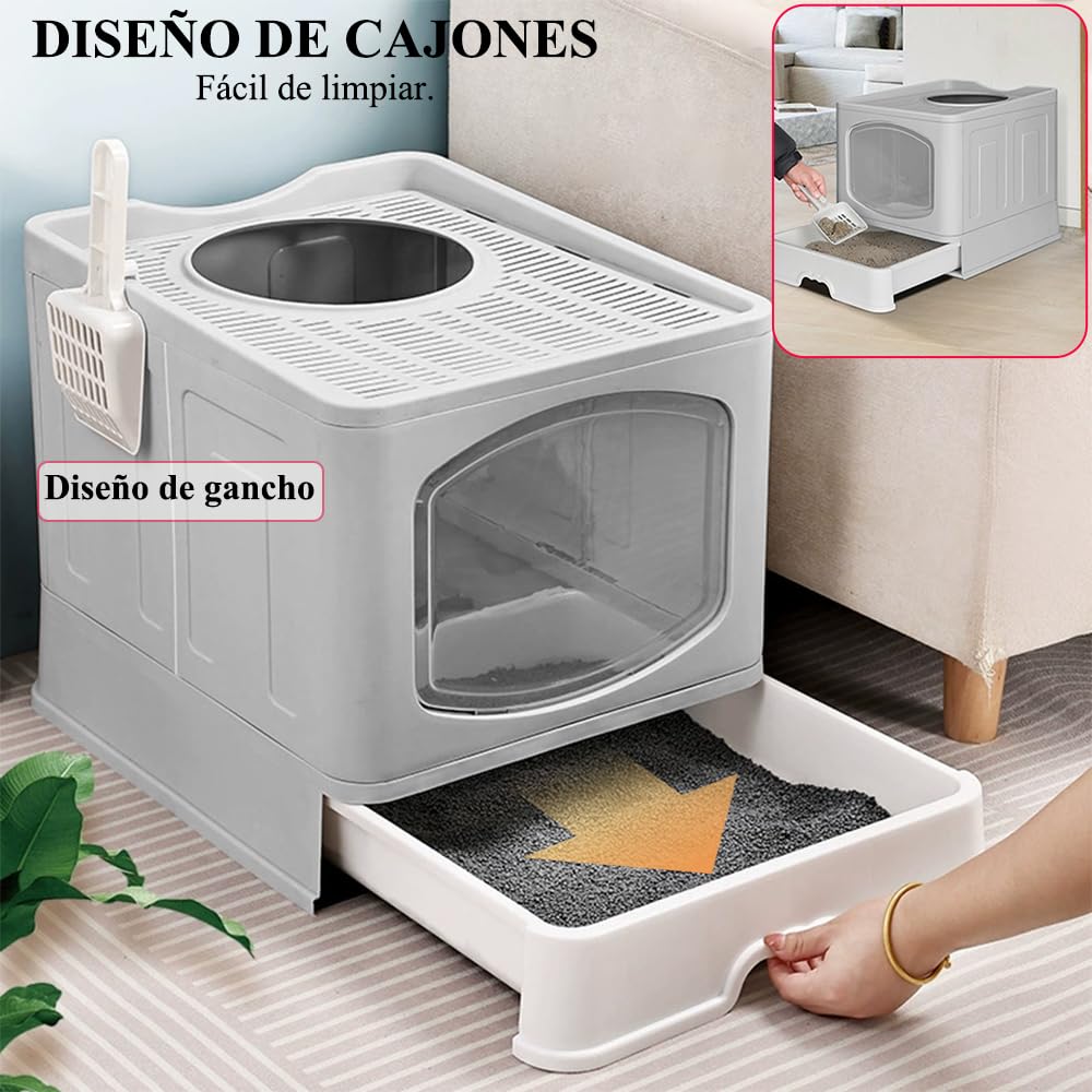 Jiula Caja de Arena para Gatos Plegable Cerrada, Caja de Arena con Cajón y Cuchara, Fácil de Limpiar, Adecuada para Viajar con Mascotas, Puerta Lateral Móvil Dos Direcciones, Azul, 41 * 51 * 44 CM