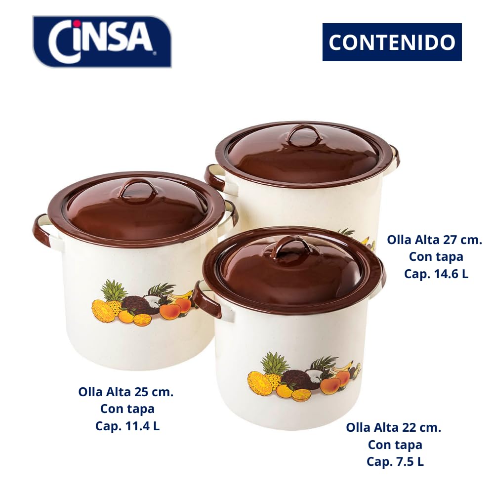Cinsa Juego de ollas Ideal 6 piezas, Acero Vitrificado, Crema con decorado Frutas Tropicales
