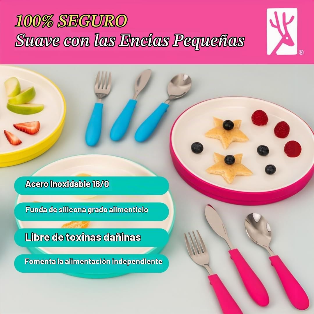 Elk and Friends Cubiertos para niños con mango de silicona | Cubiertos seguros para niños | Utensilios para niños | Juego de cuchara + tenedor + cuchillo | 4 años+ | 6 piezas