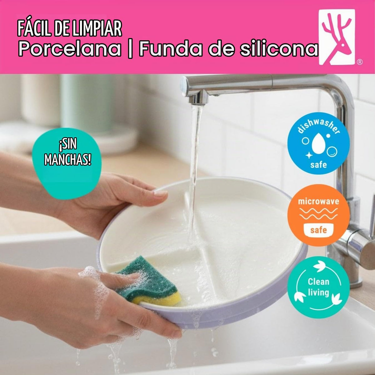 Elk and Friends Kids - Platos divididos de porcelana blanca de 6.7 pulgadas con mangas de succión de silicona + tapas, adecuados para bebés/niños pequeños, aptos para microondas y lavaplatos, vajilla