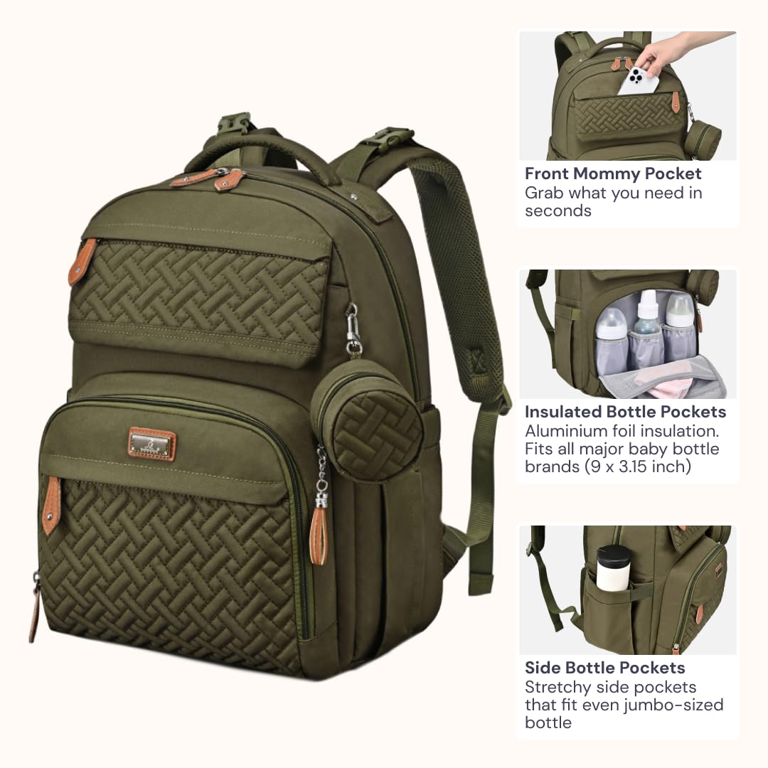 BabbleRoo - Mochila cambiadora para pañales, para bebé, unisex, con colchoneta cambiadora, portachupete y correas para carriola - Bolsa de viaje grande impermeable para niños y niñas, verde, 1 Count