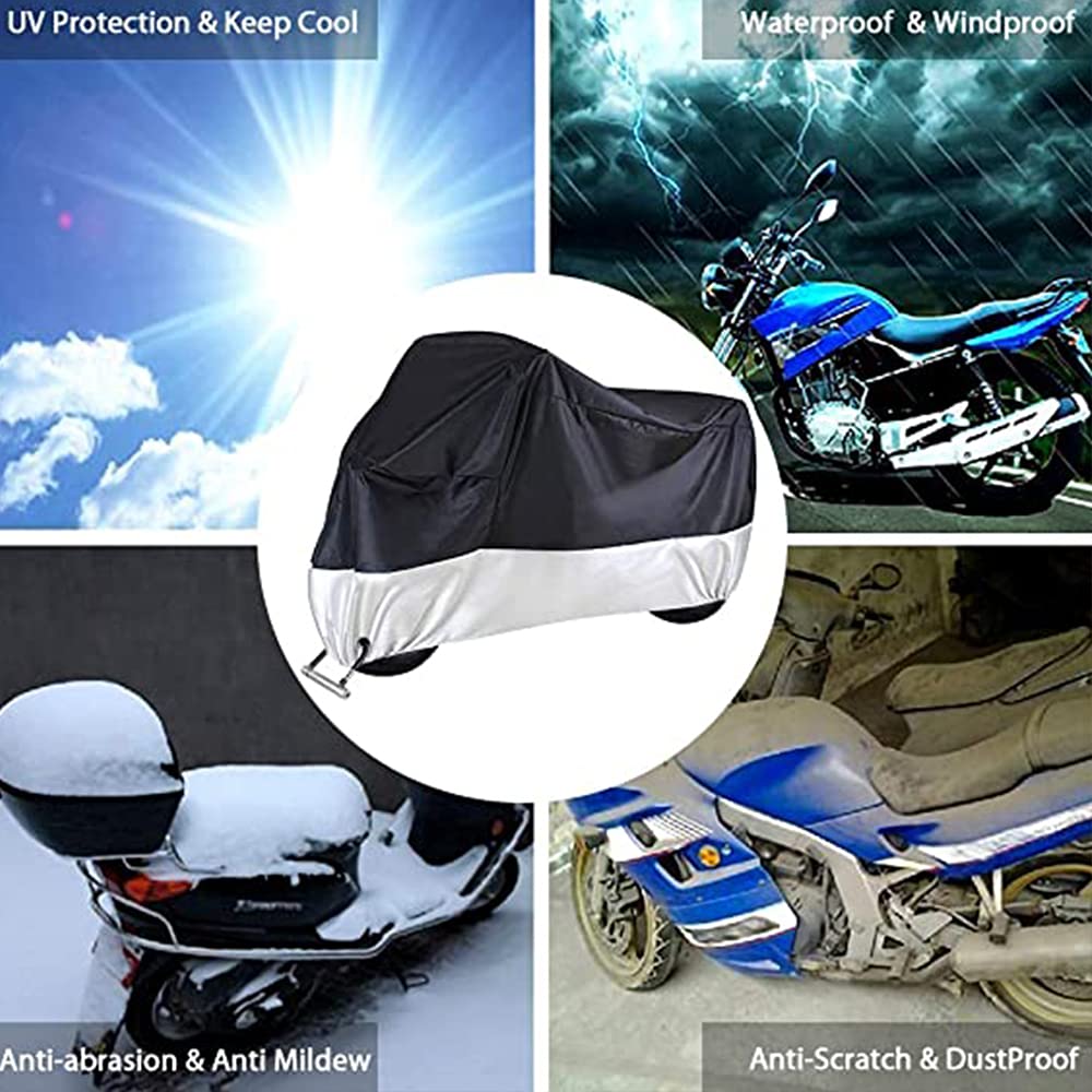 Jiula Cubierta Impermeable para Motocicletas 210D XL - Funda para Moto Protectora a Prueba de UV Lluvia Polvo Viento Nieve Excremento de Pájaro al Aire Libre (230 * 125 * 95 cm, Negro y Plata)