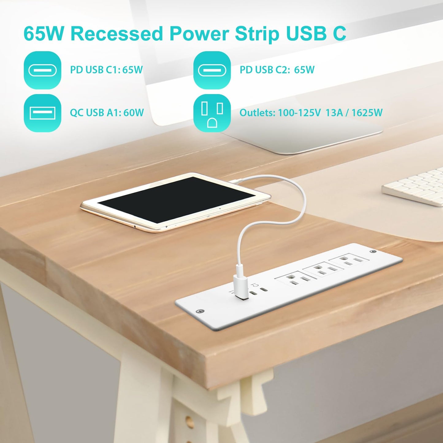 4 LEAF Regleta de Enchufes Empotrada USB C 65W,Enchufe de Escritorio Empotrable 3 Tomas 3 USB (PD 65W& QC60W,) Cable de Alimentación de 2 Metros Enchufe Plano de Carga Rápida Empotrable para Muebles