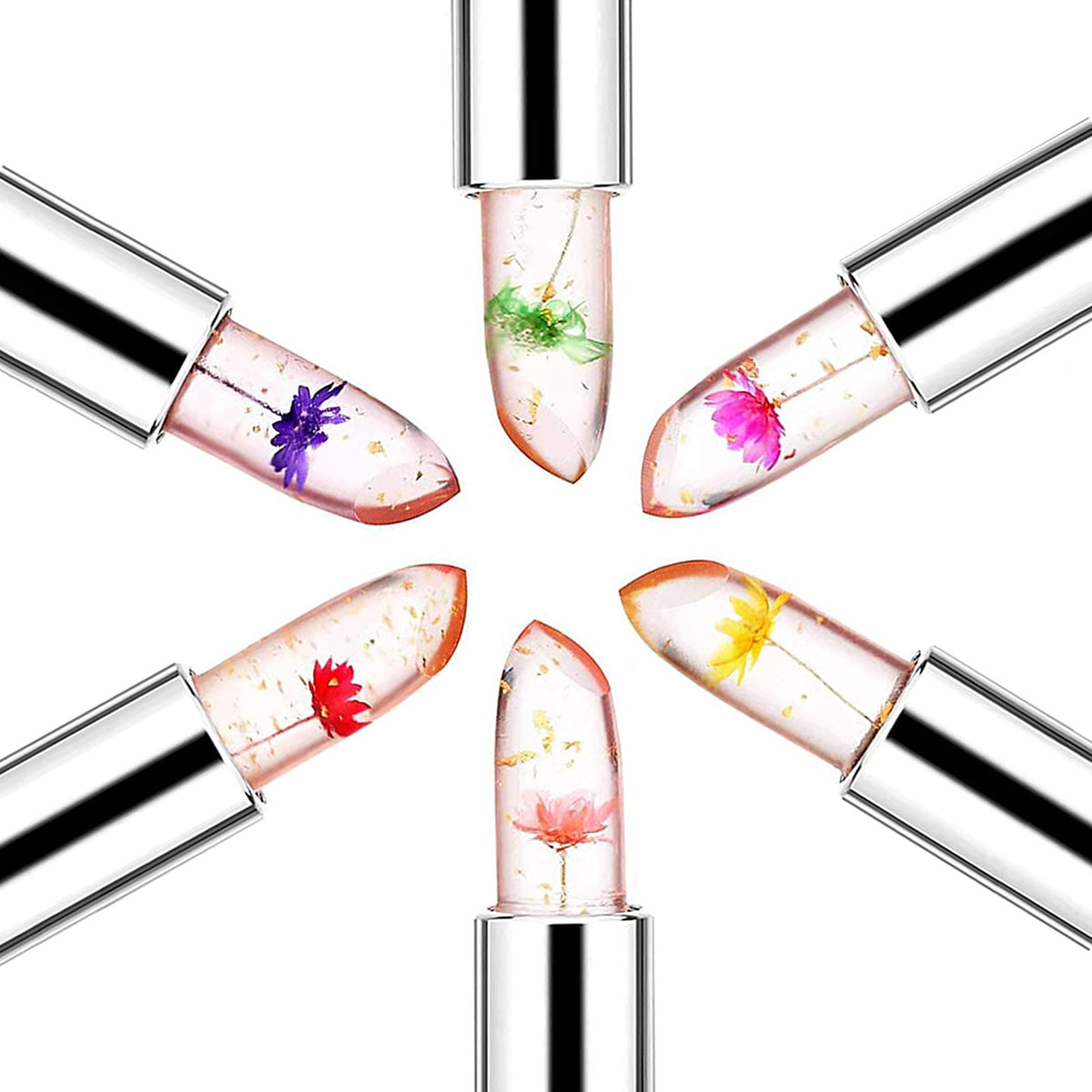 FirstFly - Juego de 6 lápices labiales con flores de cristal, larga duración, nutritivo bálsamo labial hidratante de labios, color negro