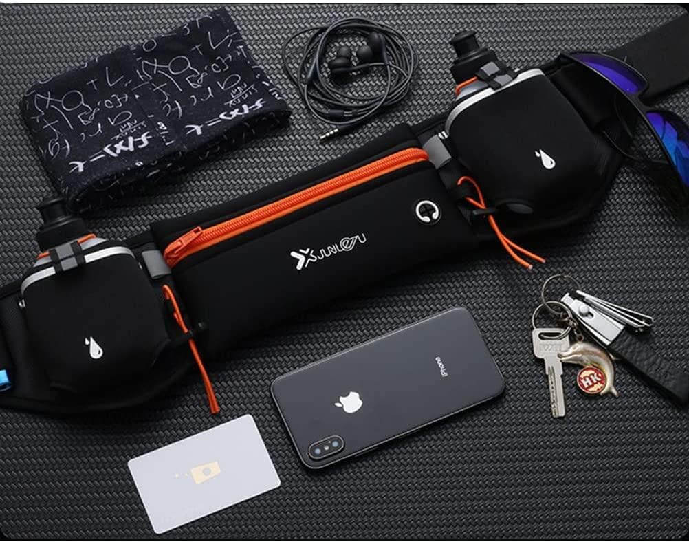 Cangurera Deportiva, Cinturón para Correr con Botella de Agua, Riñonera Deportiva con 2 Botellas de Agua, Bolsa Deportiva con Cinturón Regulable, Bolsillos de Auricular y Teléfono