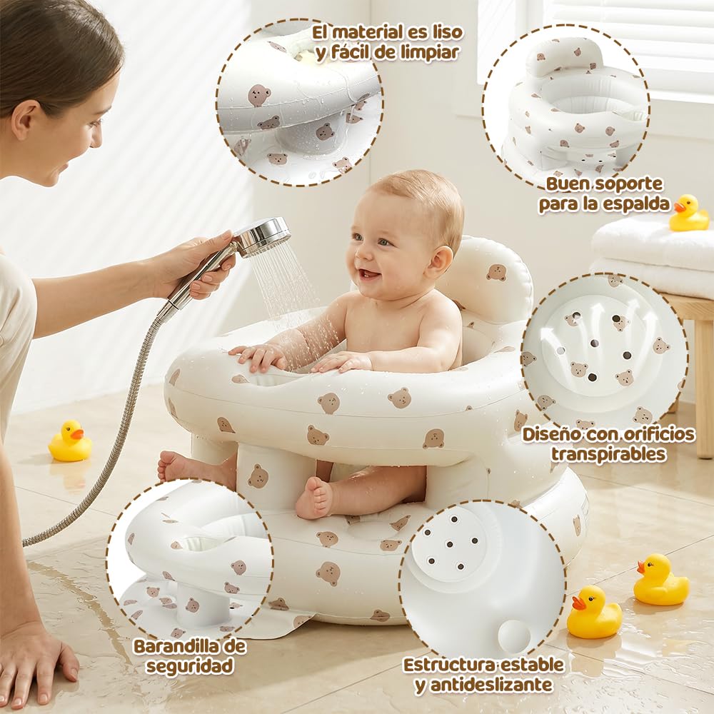 Asiento Inflable Circundante para Bebés, Respaldo Inflable Sofá, Silla Inflable Plegable, Bomba De Aire Incorporada y Bandeja, Adecuado Para Que Los Niños Coman Y Se Bañen (Oso Pardo)