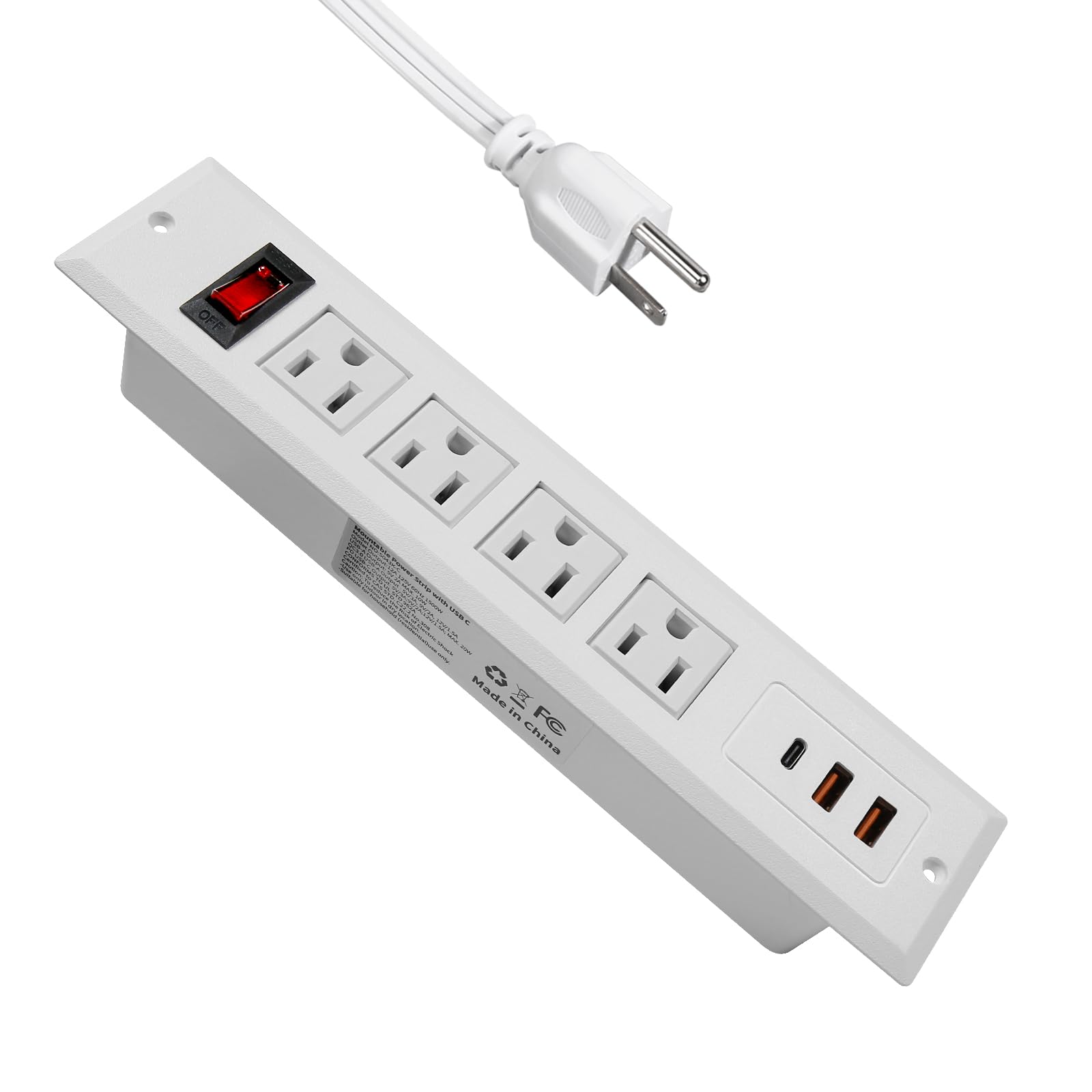 Regleta Empotrada con USB C 20W PD Carga Rápida Toma de Corriente de Escritorio 4 Puntos de Venta USB C Construido en Mueble Enchufe de Alimentación de Extensión para Oficina Dormitorio (Blanco)
