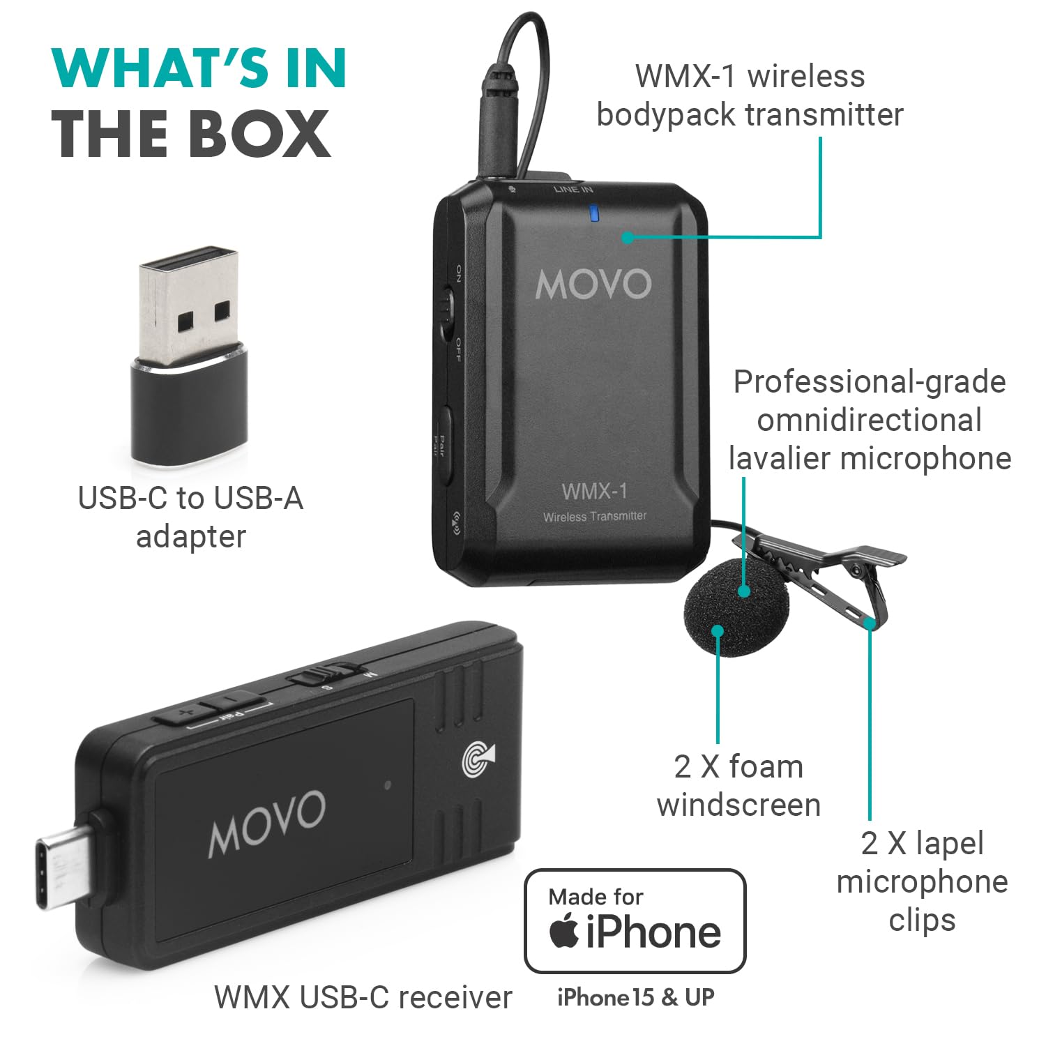 Micrófono Lavalier Inalámbrico Movo USB-C para Android e iPhone 15 con Transmisión de 2,4 GHz y Adaptador USB-A