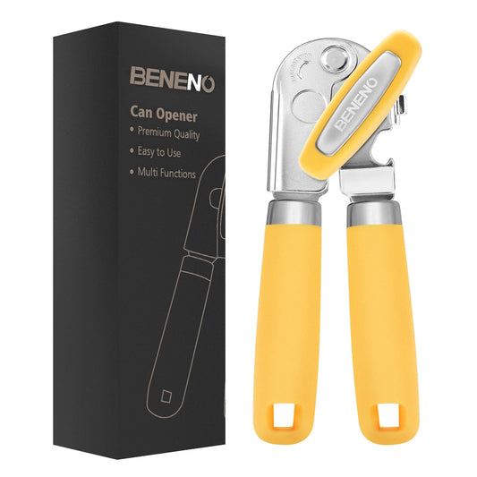 Beneno - Abrelatas manual con imán, abridor de latas de mano resistente con hoja afilada duradera y borde liso, gran perilla para ahorrar esfuerzo, mango de goma de agarre suave, abrebotellas
