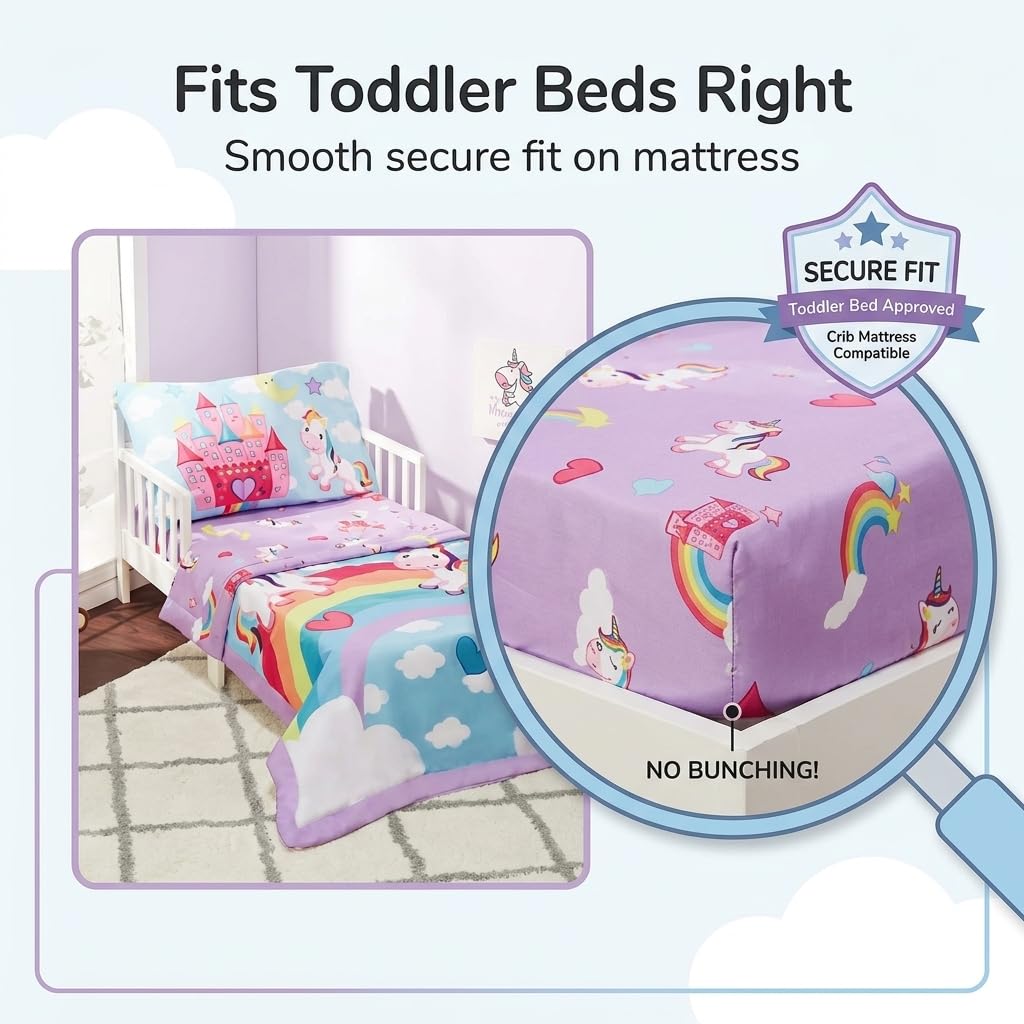 EVERYDAY KIDS - Juego de ropa de cama de 4 piezas para niños pequeños – Unicorn Dreams – Incluye edredón, sábana encimera, sábana bajera ajustable y funda de almohada reversible