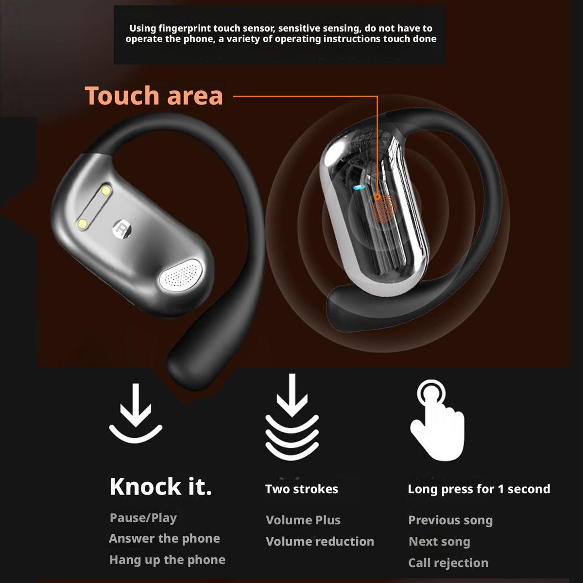 Auriculares Inalámbricos Cujiadi Negro con Gancho de Silicona para Entrenamiento y Conducción