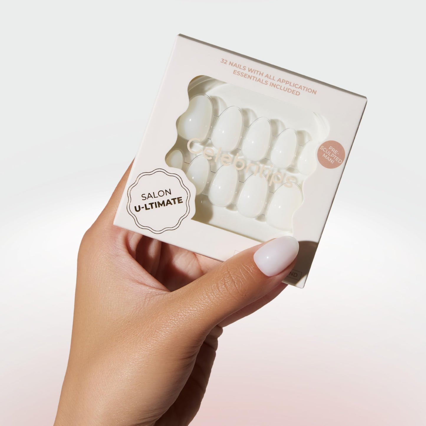 Celebritips Uñas Postizas - Salon U-Ltimate | Sheer Milk, Uñas Almendradas Extra Cortas, Reutilizables | 16 Tamaños - Kit de 32 Uñas con Pegamento Y Pestañas Adhesivas