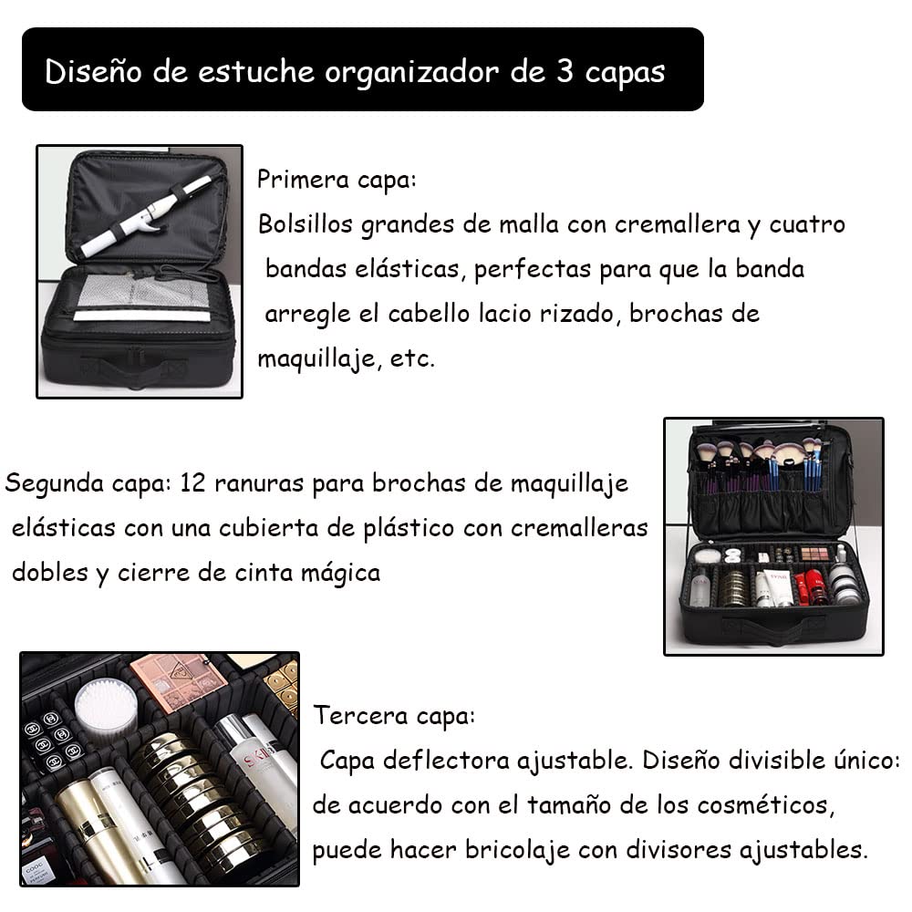 Bolsa de Maquillajede Viaje Estuche Organizador - Bolsa de Cosméticos Impermeable Portátil con Hombro Ajustable y Divisor Ajustable para Pinceles y Herramientas de Belleza (3 Layer, 40x29x13cm,Negro)