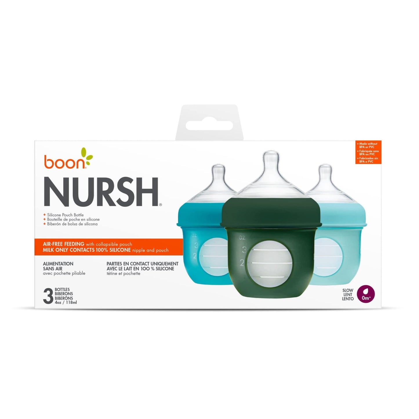 Boon Nursh - Bolsa de silicona reutilizable para biberones – Pezón de flujo lento – Bolsa de silicona para biberones y pezones – Esenciales de alimentación del bebé – Azul – 0-3 meses – 3 unidades – 4