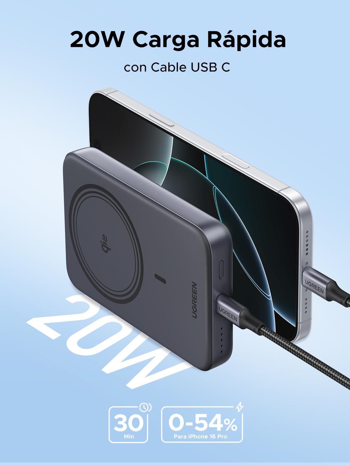 Batería Portátil UGREEN Qi2 15W Inalambrico 10000mAh Carga Rápida Magnética para iPhone