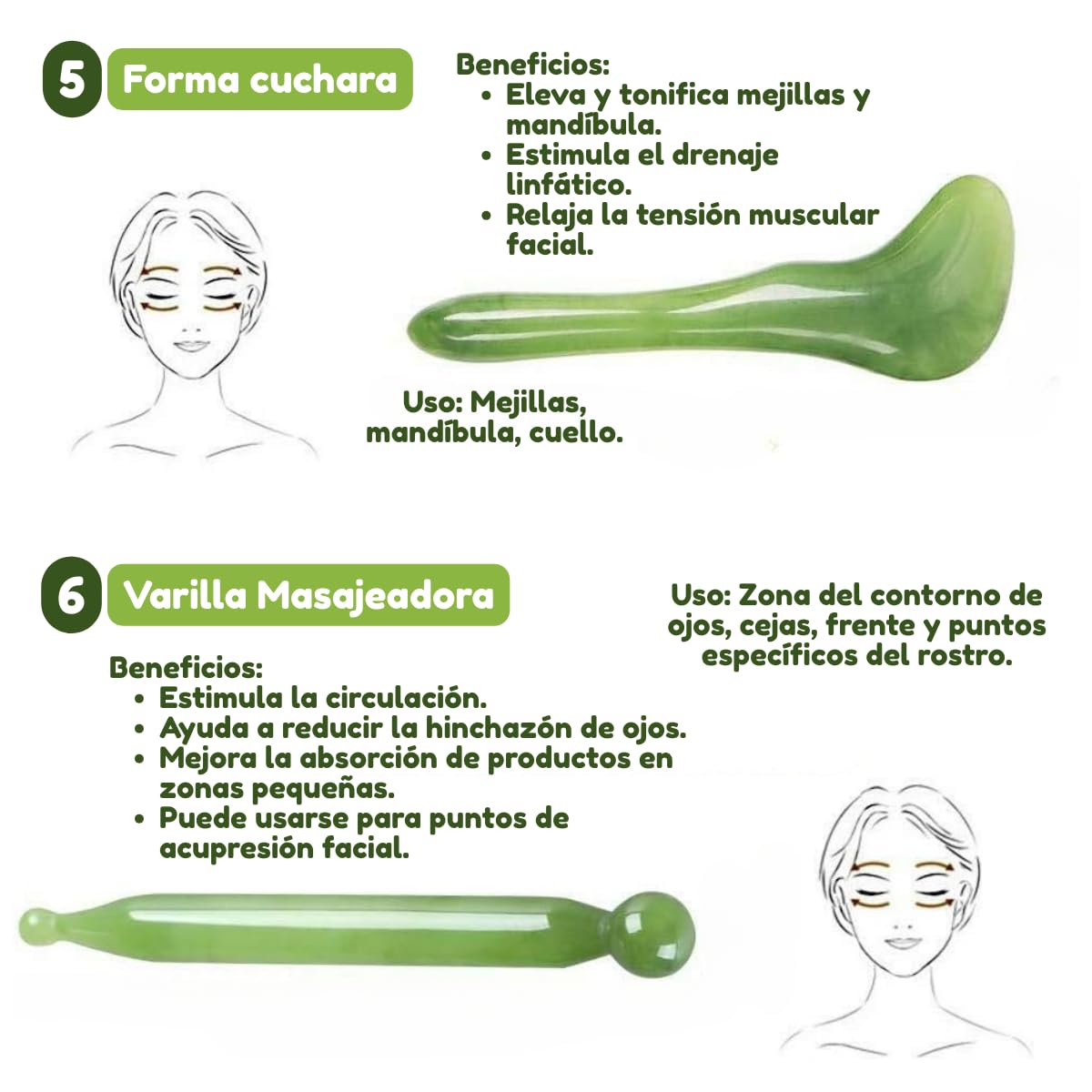 Herramientas de Masaje Gua Sha de Piedra de Jade Verde para Terapia Facial y Corporal
