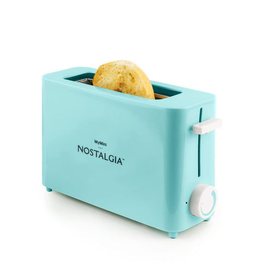 Nostalgia MyMini tostador de una rebanada, ranura extra ancha, temperatura ajustable, bandeja extraíble para migas, color aguamarina