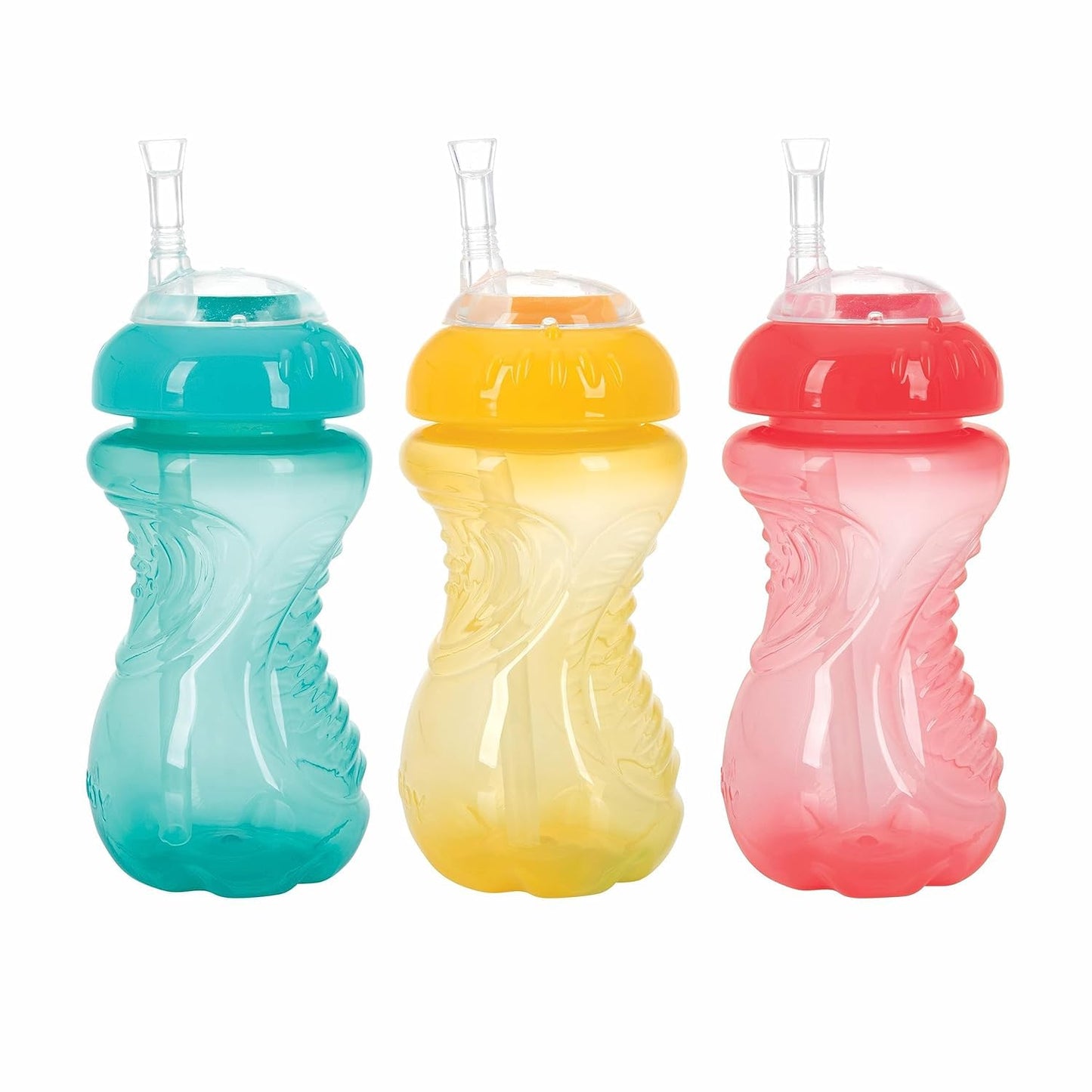 Nuby - Paquete de 3 tazas flexibles sin derrames para beber, a prueba de derrames con agarre fácil y firme, color aguamarina, amarillo, coral