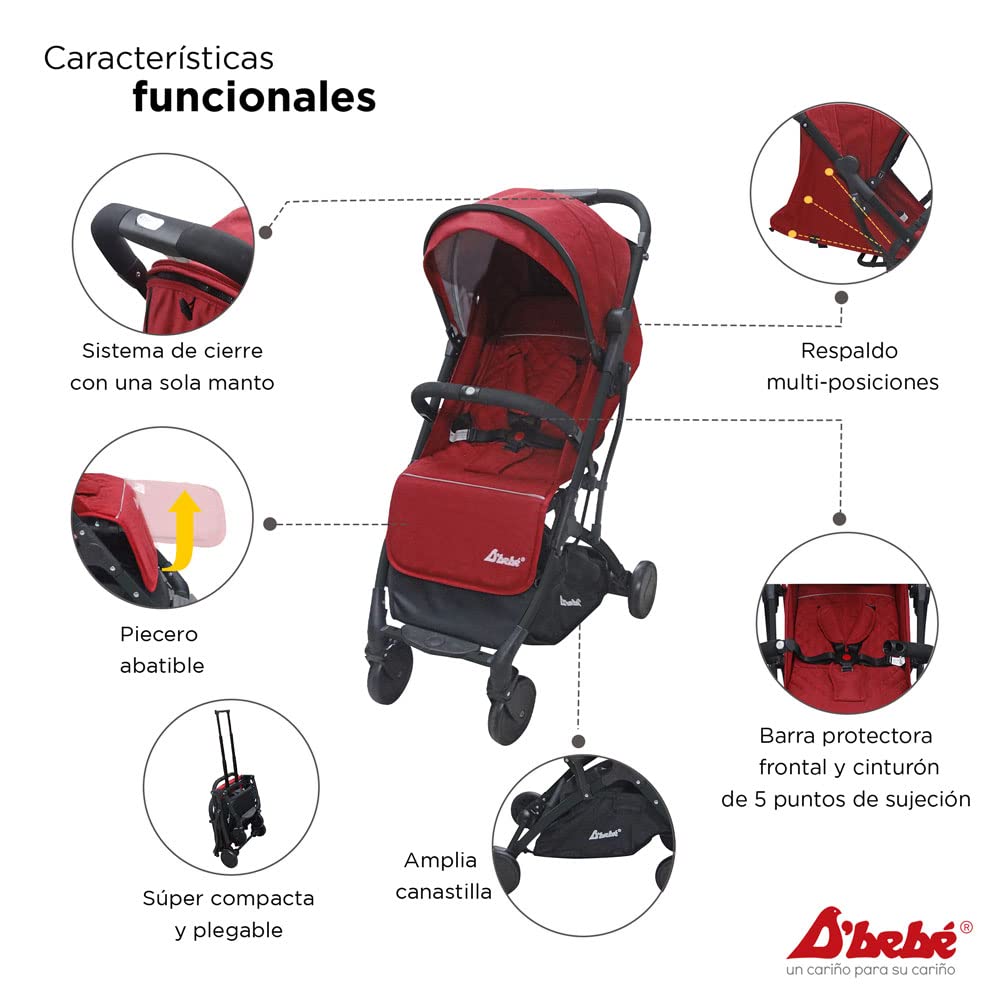 D´BEBÉ - Carriola Wing - Carriola ultra-ligera con plegado Super Compacto - Manubrio con Cierra Facil - Para Bebés de 3 Meses de Edad hasta 3 años - Color Rojo