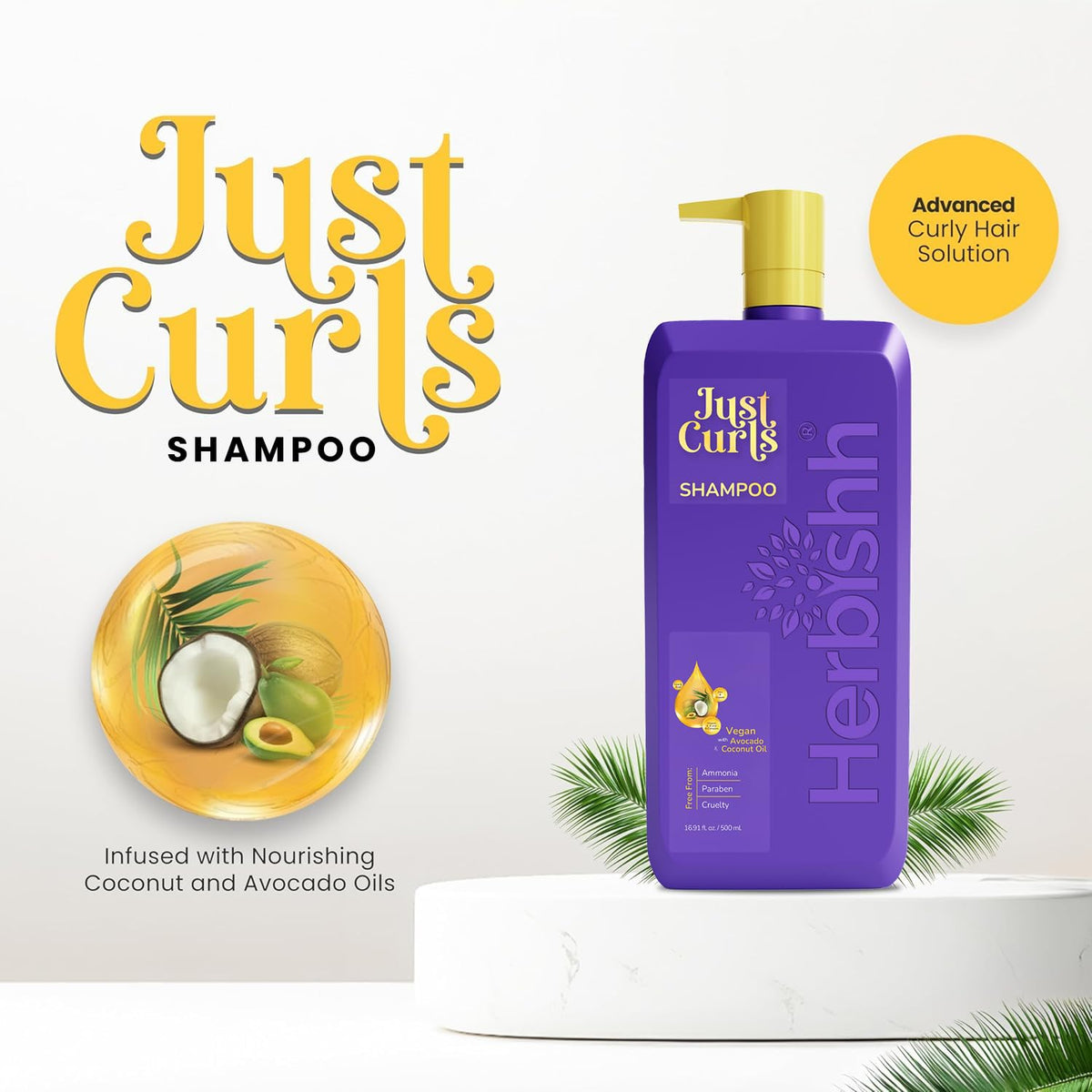Herbishh Champú Just Curls con aceite de coco, limpia e hidrata para rizos fuertes y suaves, nutre profundamente y reduce el frizz, revitaliza el cabello dañado, sin parabenos y vegano (16,91 fl.oz)