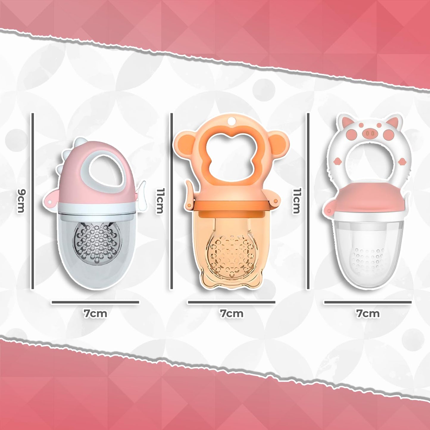 Chupones alimentadores para frutas y papillas con tapa libre de bpa, dibujos animados, 4m+ 3 piezas (pig blanco rosa / dino rosa / monkey naranja)
