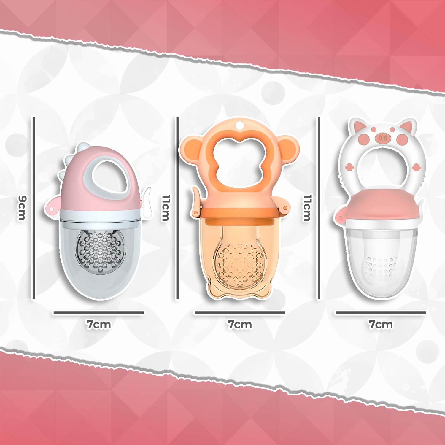 Chupones alimentadores para frutas y papillas con tapa libre de bpa, dibujos animados, 4m+ 3 piezas (pig blanco rosa / dino rosa / monkey naranja)
