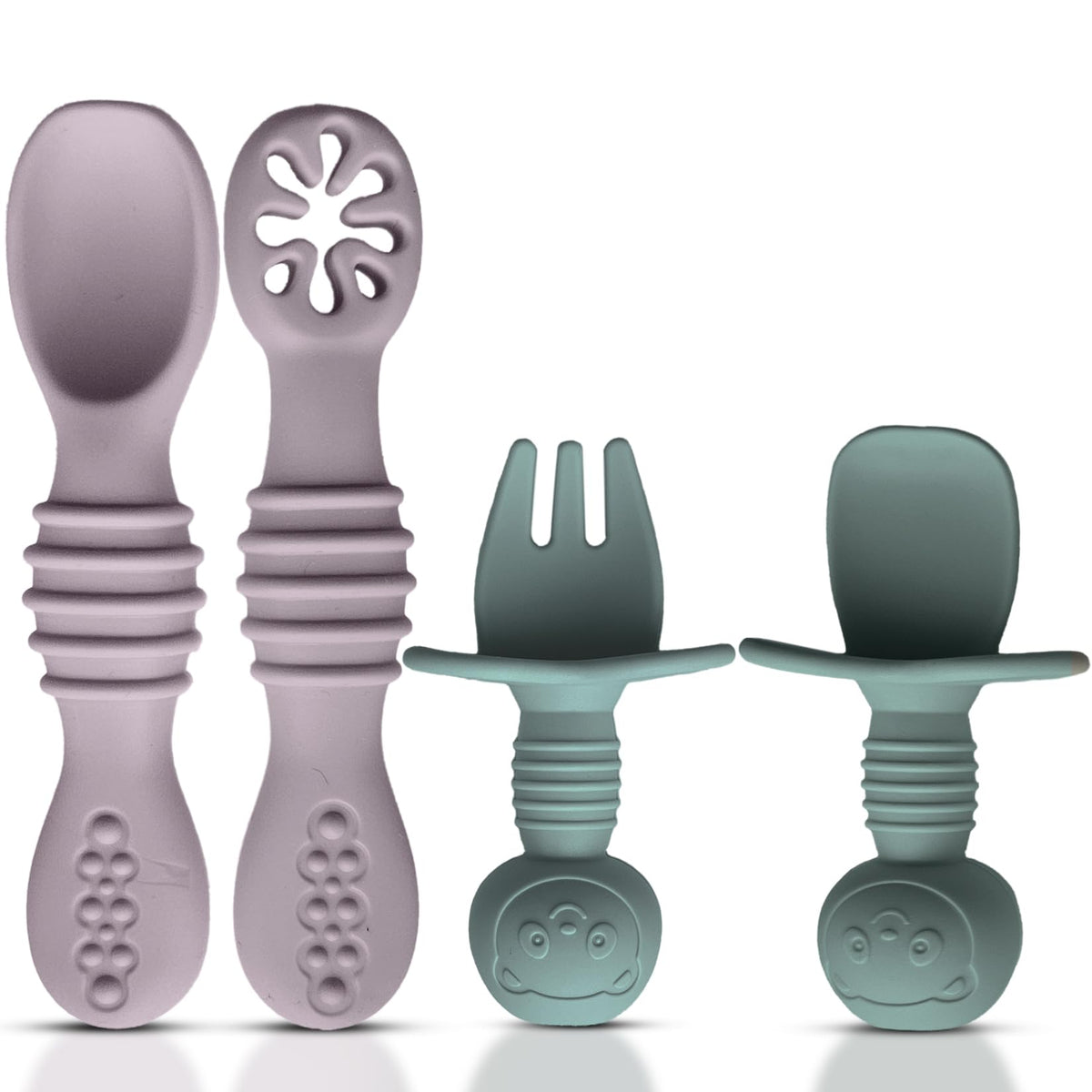 HippoBaby - Cucharas de silicona para bebé, 4 piezas, utensilios autoalimentables para bebé, 6-12 meses, 3 cucharas para bebé, 1 tenedor para bebé, juego de cubiertos para niños pequeños, sin BPA