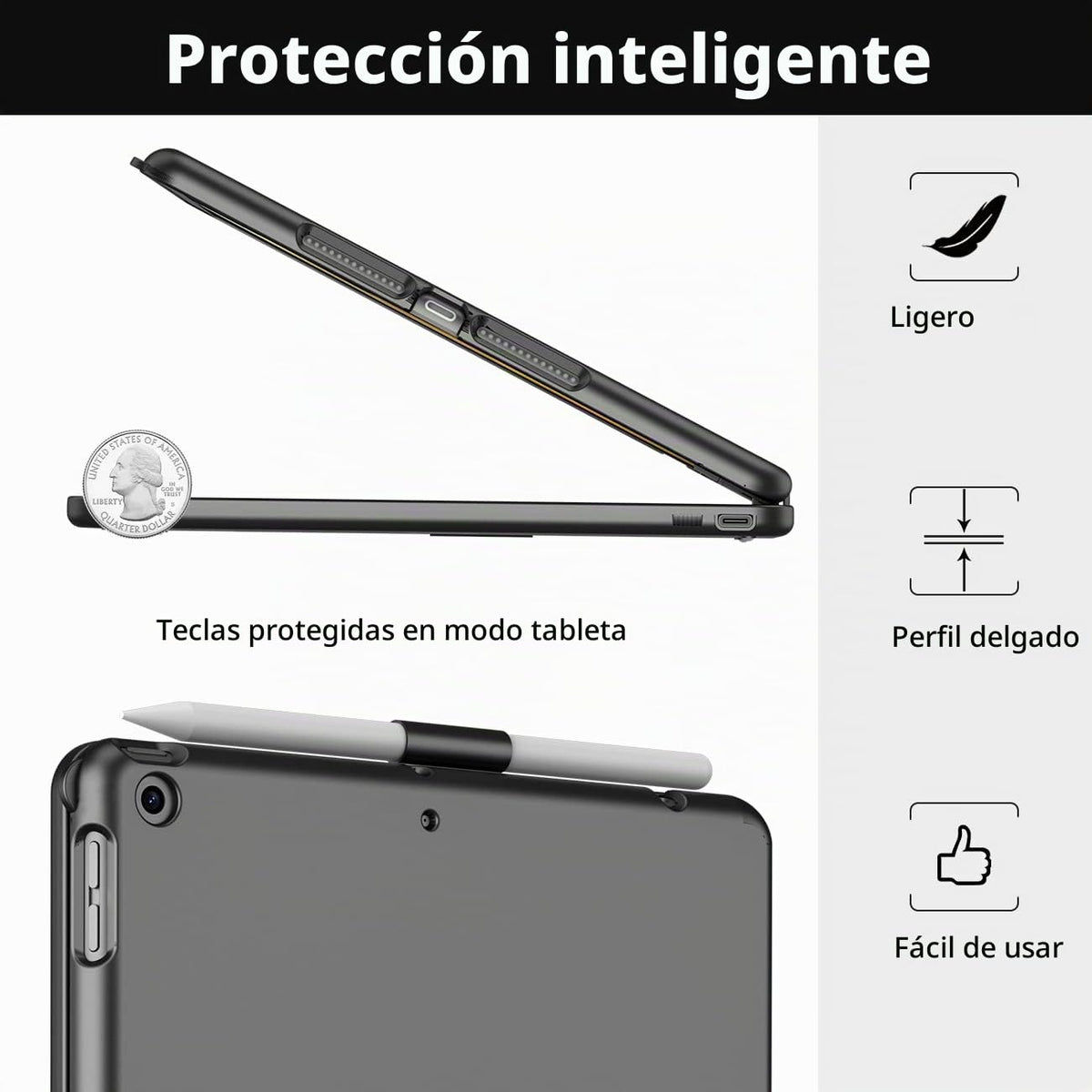 Funda con Teclado para iPad ZtotopCase Negro Giratoria 360° con Soporte para Lápiz