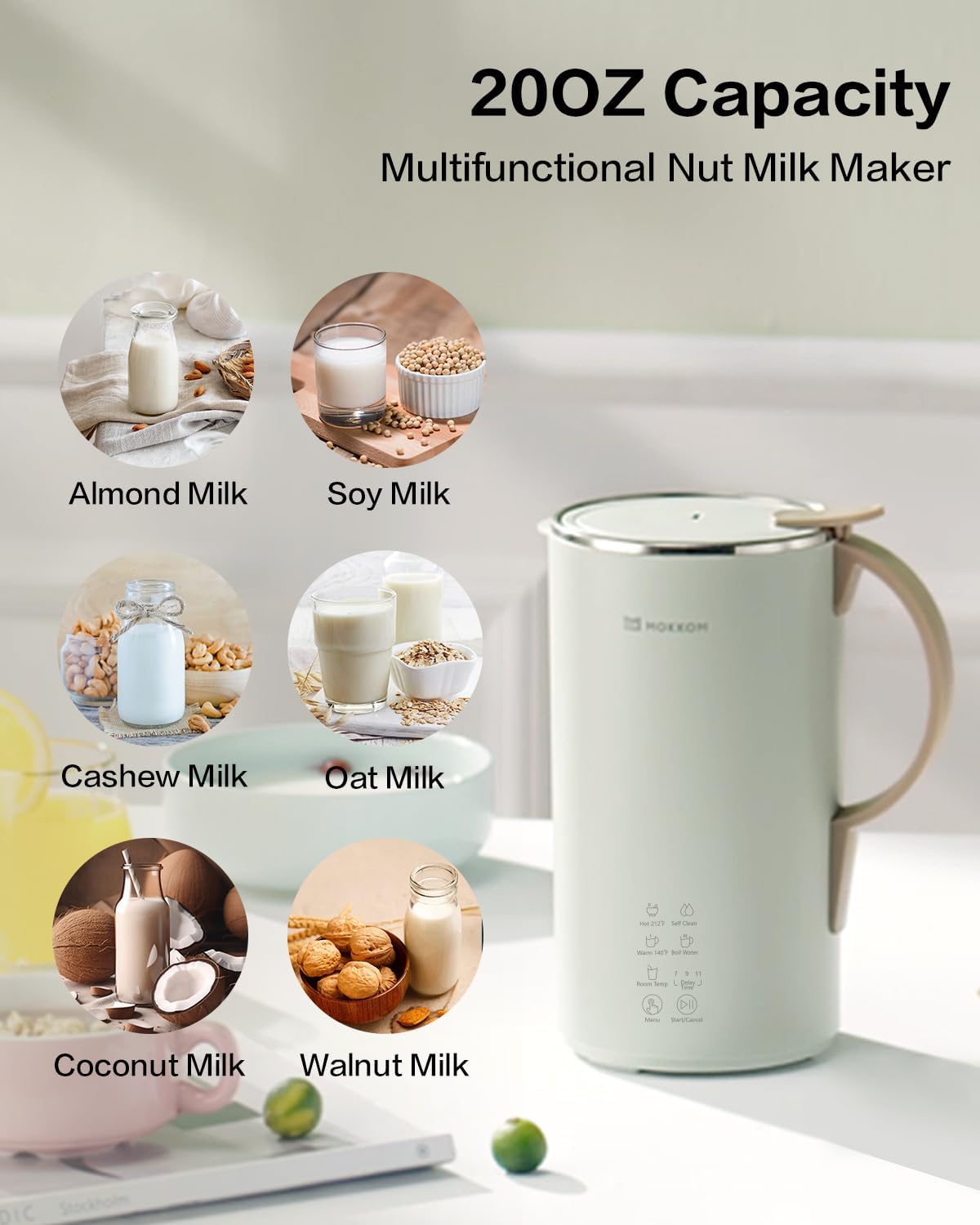 Máquina Automática de Leche de Nueces MOKKOM 20 Onzas para Bebidas de Soja, Almendra y Coco