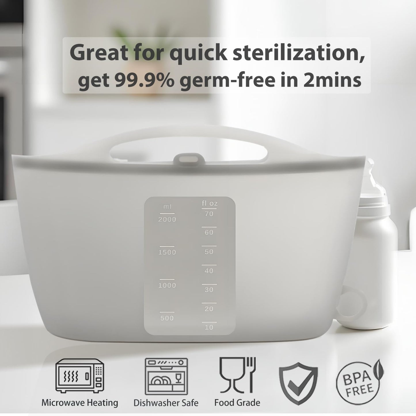 Bolsa esterilizadora de vapor de microondas de silicona para botellas (gris, 2000 ml)