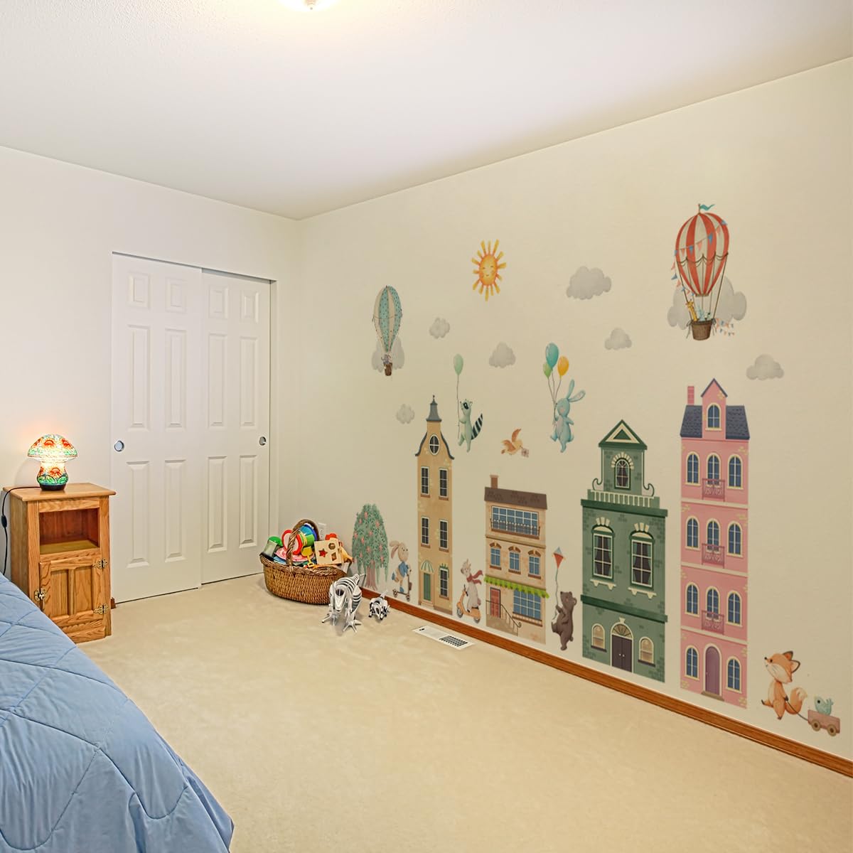 Calcomanías de pared con globos de aire caliente de acuarela, construcción de ciudad, globos de aire caliente, calcomanías de pared, decoración de animales, para recámara, sala de juegos, habitación
