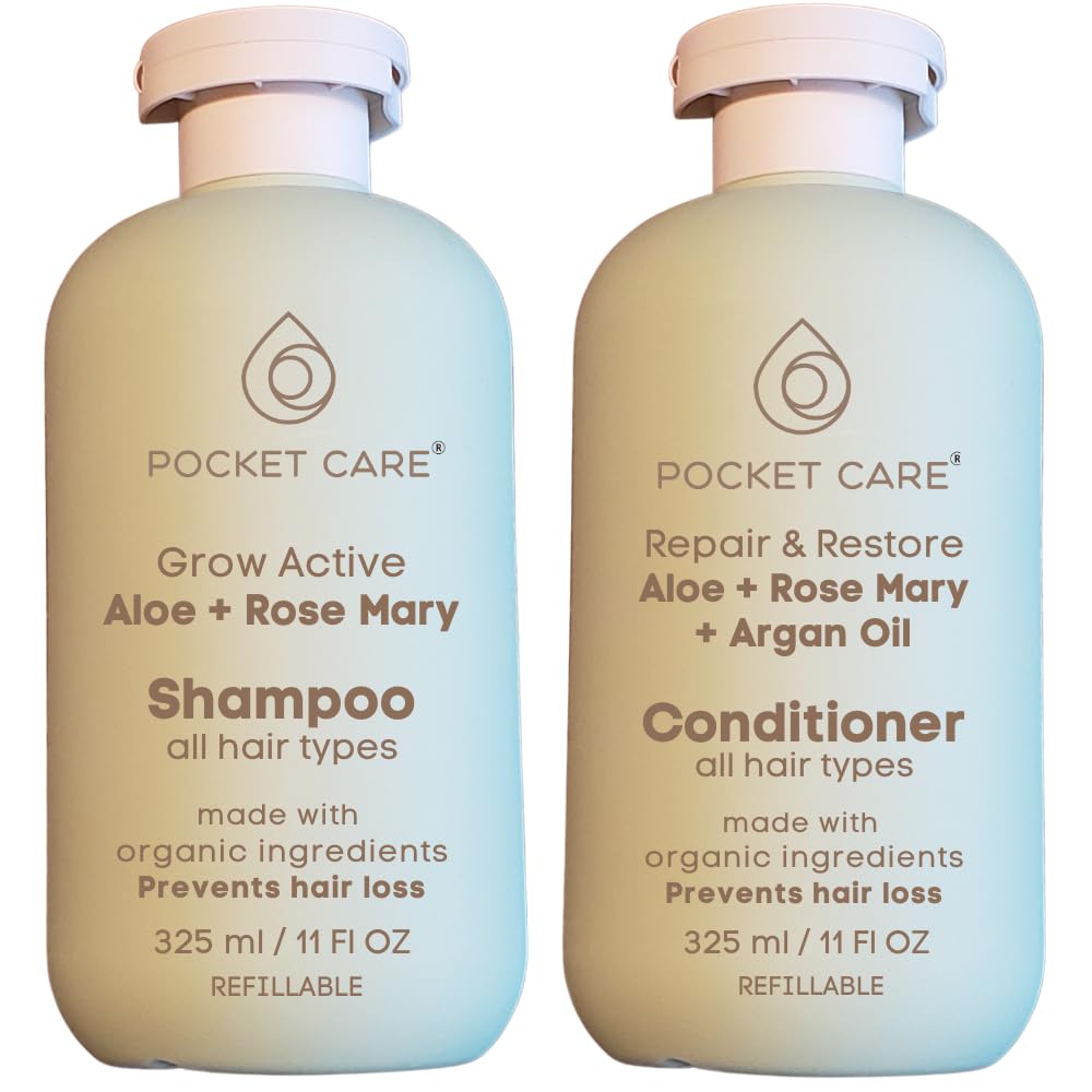 Kit Anticaída y Reparación Capilar con Romero, Sábila y Argán – Shampoo para Fortalecer Cabello Débil y Reducir la Caída + Acondicionador Reparador Anti Frizz para Cabello Seco y Maltratado – Hombre y Mujer Pocket care