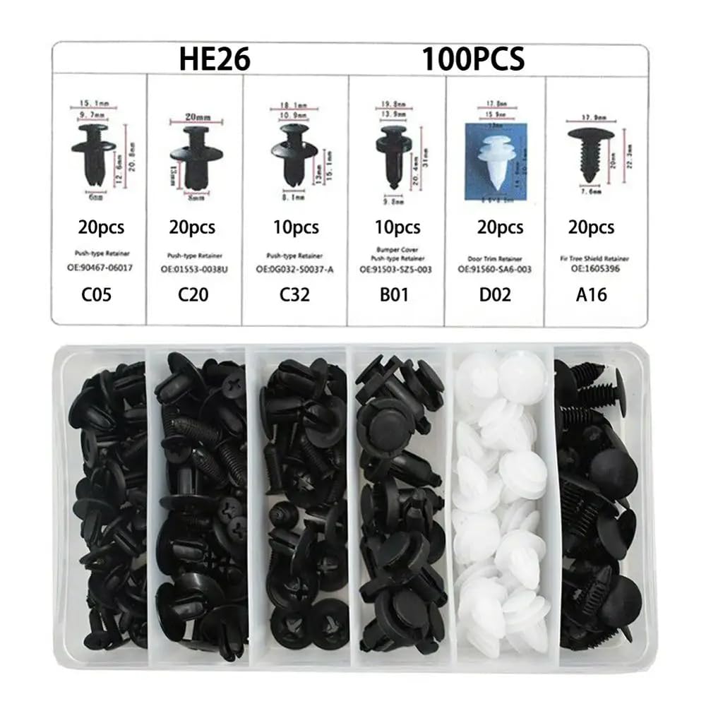 Grapa Remache Automotriz Universal Surtido con Estuche y Herramientas de Desmontaje Molduras Tablero Clips de Retenedores Coche Diversos Tamaños | 100 Pzs