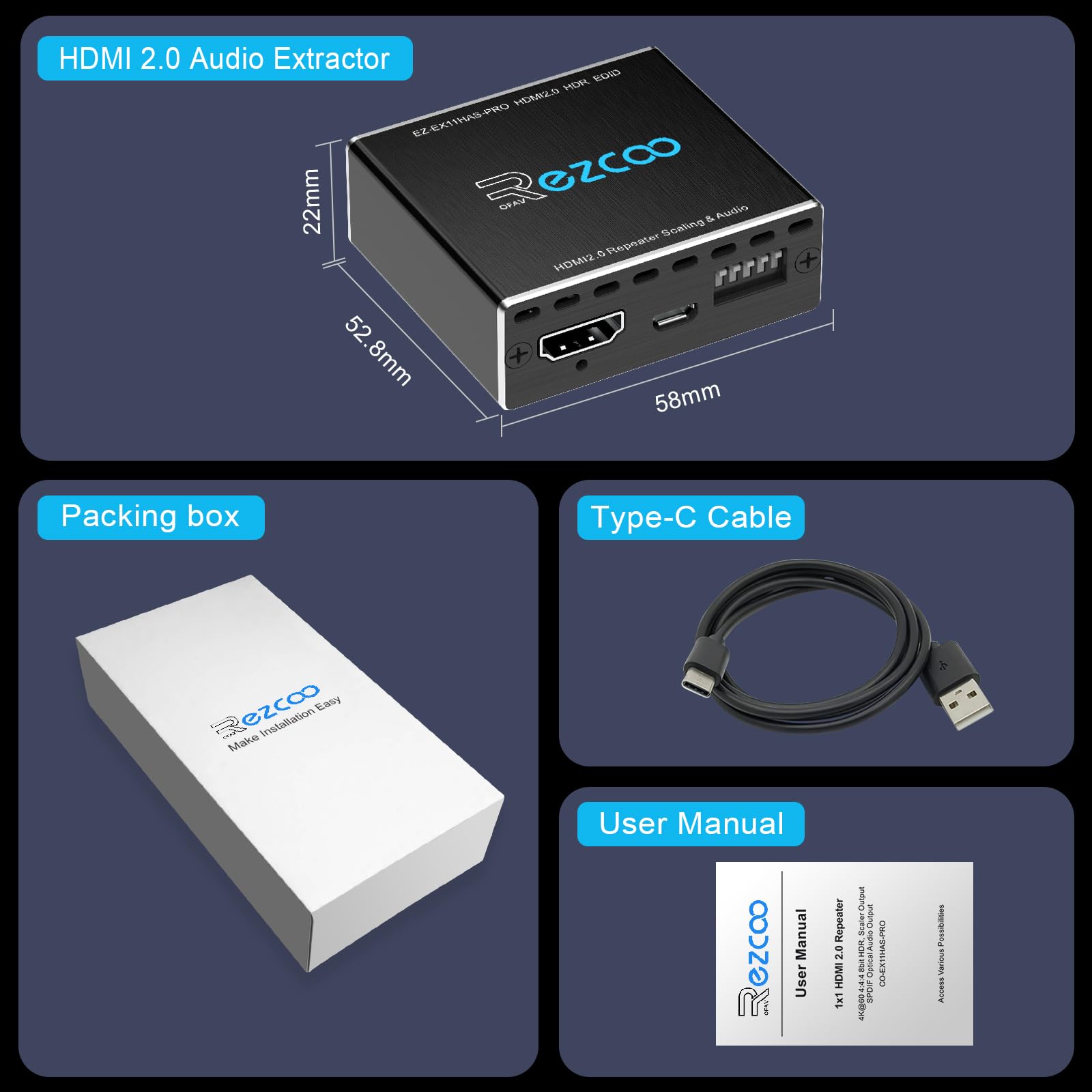 Divisor HDMI 1x1 extractor de audio 4K 60Hz Atmos CEC EDID/Down-Scale/HDCP interruptor compatible con varios videos, SPDIF 5.1CH Toslink óptico, ruptura de audio estéreo, repetidor HDMI