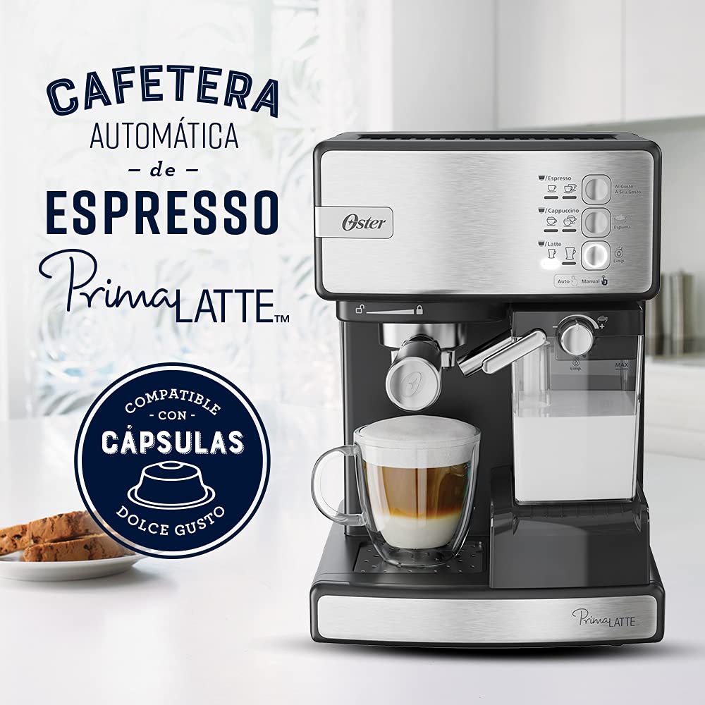 Oster® Cafetera Automática PrimaLatte™, para Espresso, Cappuccino y Latte, Plateada
