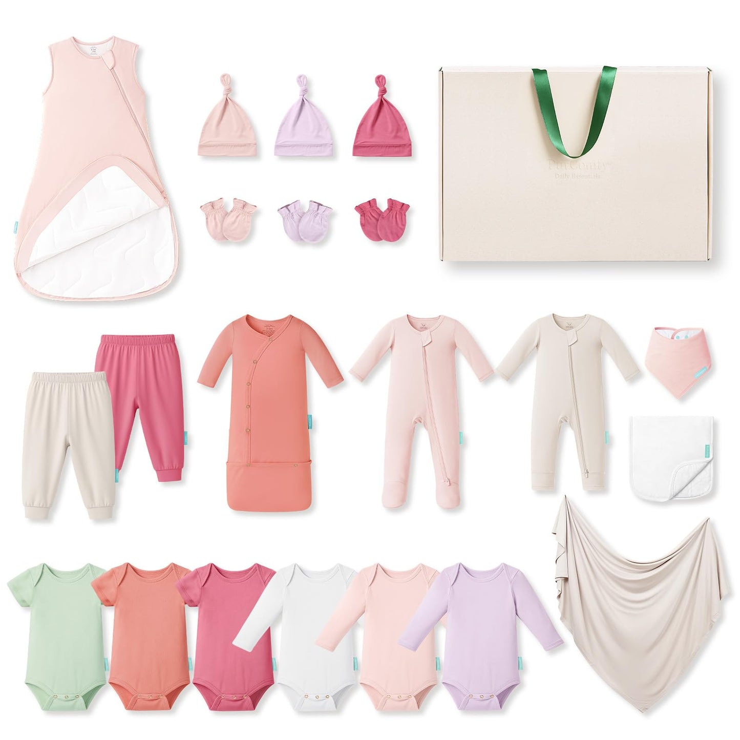 PurComfy - Juego de regalo de ropa de bambú para recién nacidos, juego de ropa de bebé de 21 piezas, ropa de bebé de primera calidad, esenciales para ropa infantil, Colección Amelia, 0-3 meses
