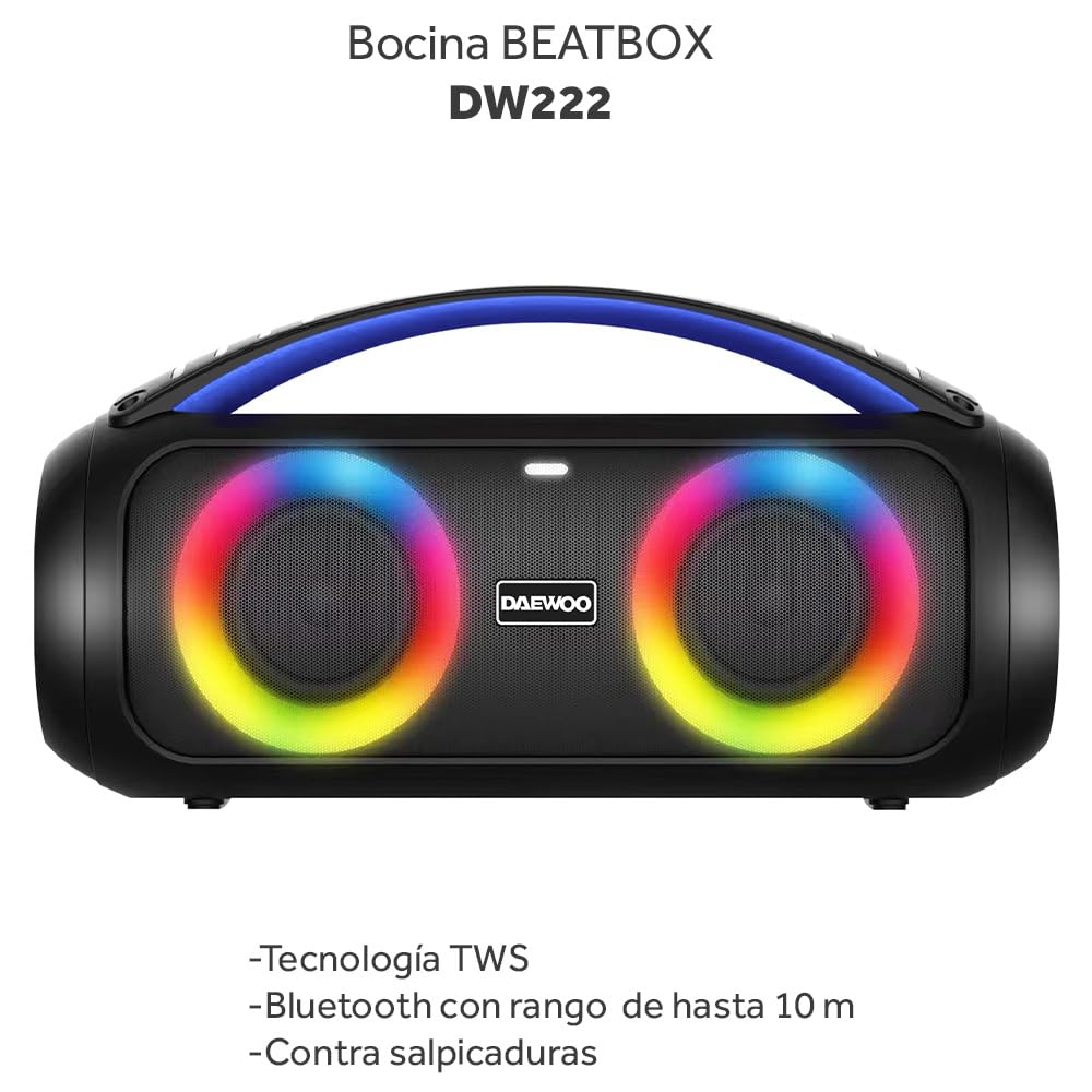 Select Sound Daewoo Bocina Portátil TWS Bass Boost Subwoofer Bluetooth Recargable, Sonido Envolvente, Luces Led contra Salpicaduras, Aux 3.5mm, Puerto USB y TF Micro SD, Radio FM