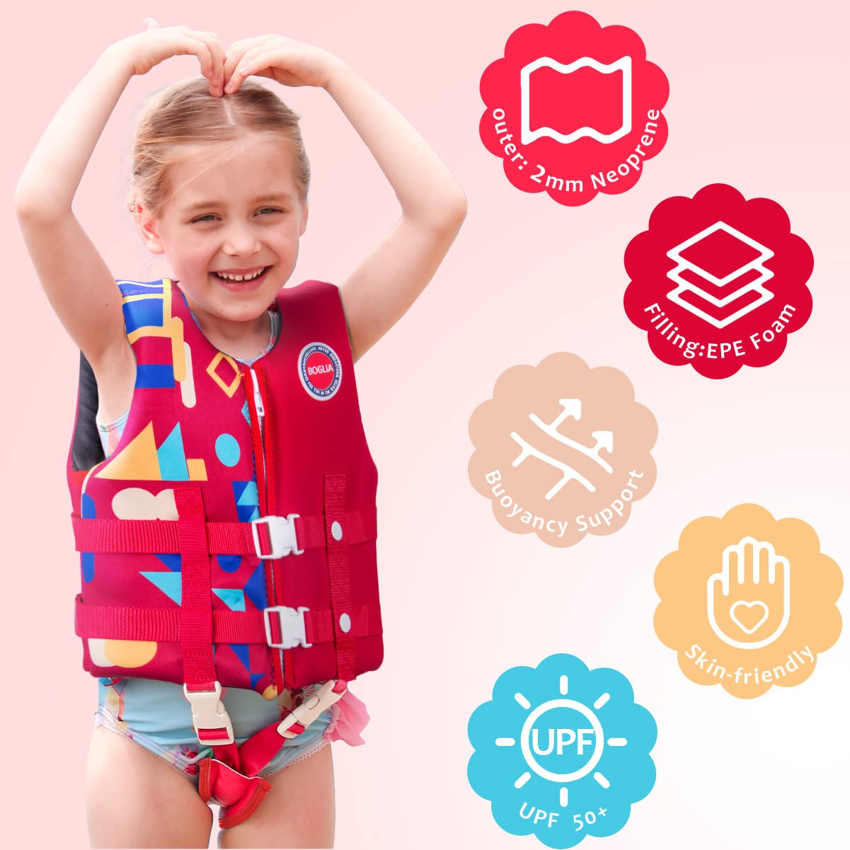 Boglia - Chaleco de natación para niños y niñas, traje de baño flotante con correa de seguridad ajustable para niños de 2 a 9 años/22 a 50 libras