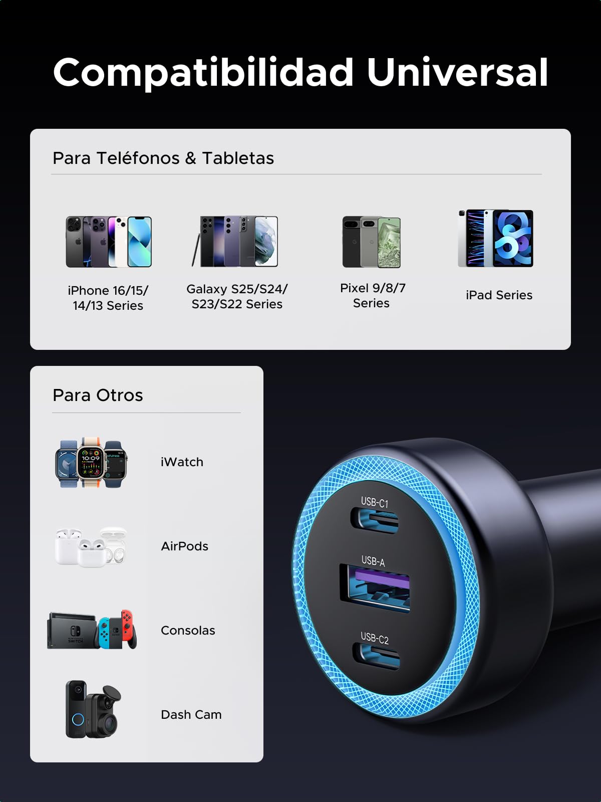 UGREEN 30W USB C Cargador Auto Carga Rápida, 3 Puertos 2 USB C Adaptador Auto Tipo C A, QC/PD 3.0 Cargador para Coche Compatible con iPhone 16 15 Pro Max, Pixel 9 8 7, Galaxy S25 S24 S23, iPad Pro Air