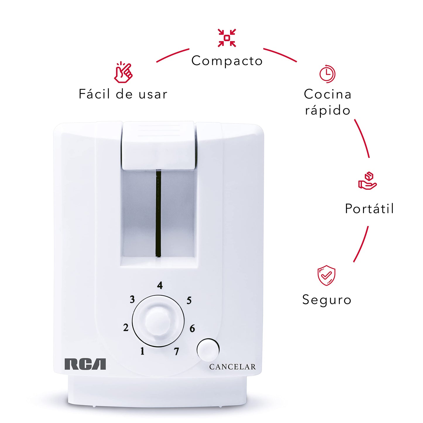 Tostador de Pan RCA, 2 ranuras, siete niveles de temperatura, boton para cancelar, bandeja de residuos extraible, blanco, modelo RC-T1